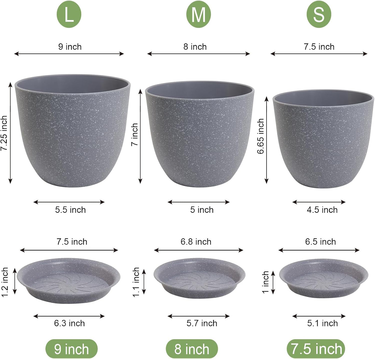 Flower Pots 9/8/7.5inch, Set of 3 Modern Decorative Plastic Planters with Drainage Holes and Saucers for Garden House Plants, Plant Pots for Indoor Outdoor Plants, Speckled Grey