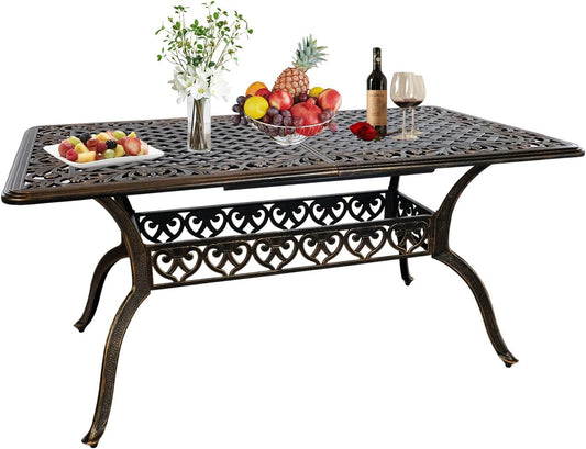 60" Rectangular Patio Dining Tables for 6 Person Cast Aluminum Round PatioTable with 2.5" Umbrella Hole, Wrought Iron Patio Bistro Table Metal Outdoor Bistro Dining Table for Garden,Bronze