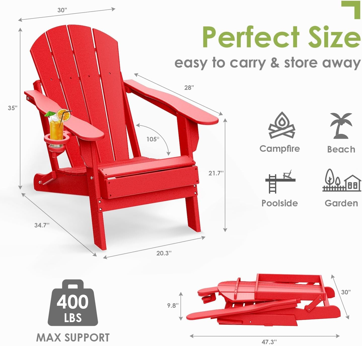 GREENVINES Folding-Adirondack-Chair | HDPE Plastic | Fire Pit Chairs | All Weather | Cup Holder | Red | for Deck Backyard Patio Outdoor Garden