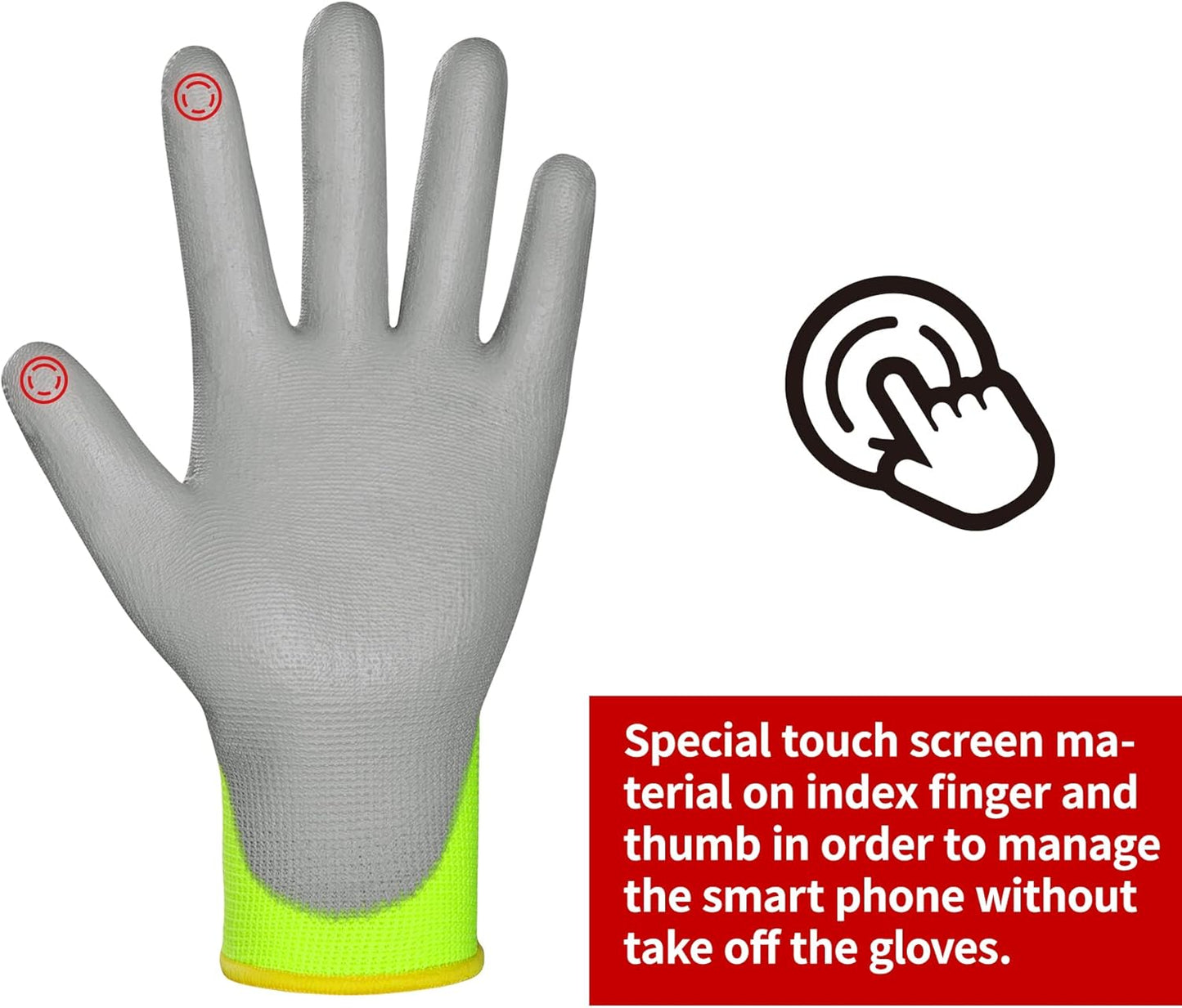 DULFINE Safety Work Gloves PU Coated for Men and Women-12 Pairs,Hi-Vis Seamless Knit Glove with Two Fingers Touchscreen,Ideal for General Duty Work (Large)