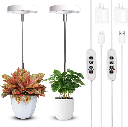 Grow Lights for Indoor Plants Small Potted - Full Spectrum, Auto 3/9/12H Timer, 10-Level Dimming & Adjustable Height - Compact Grow Light for Succulents, Herbs, Foliage in Home/Office (White,2PACKS)
