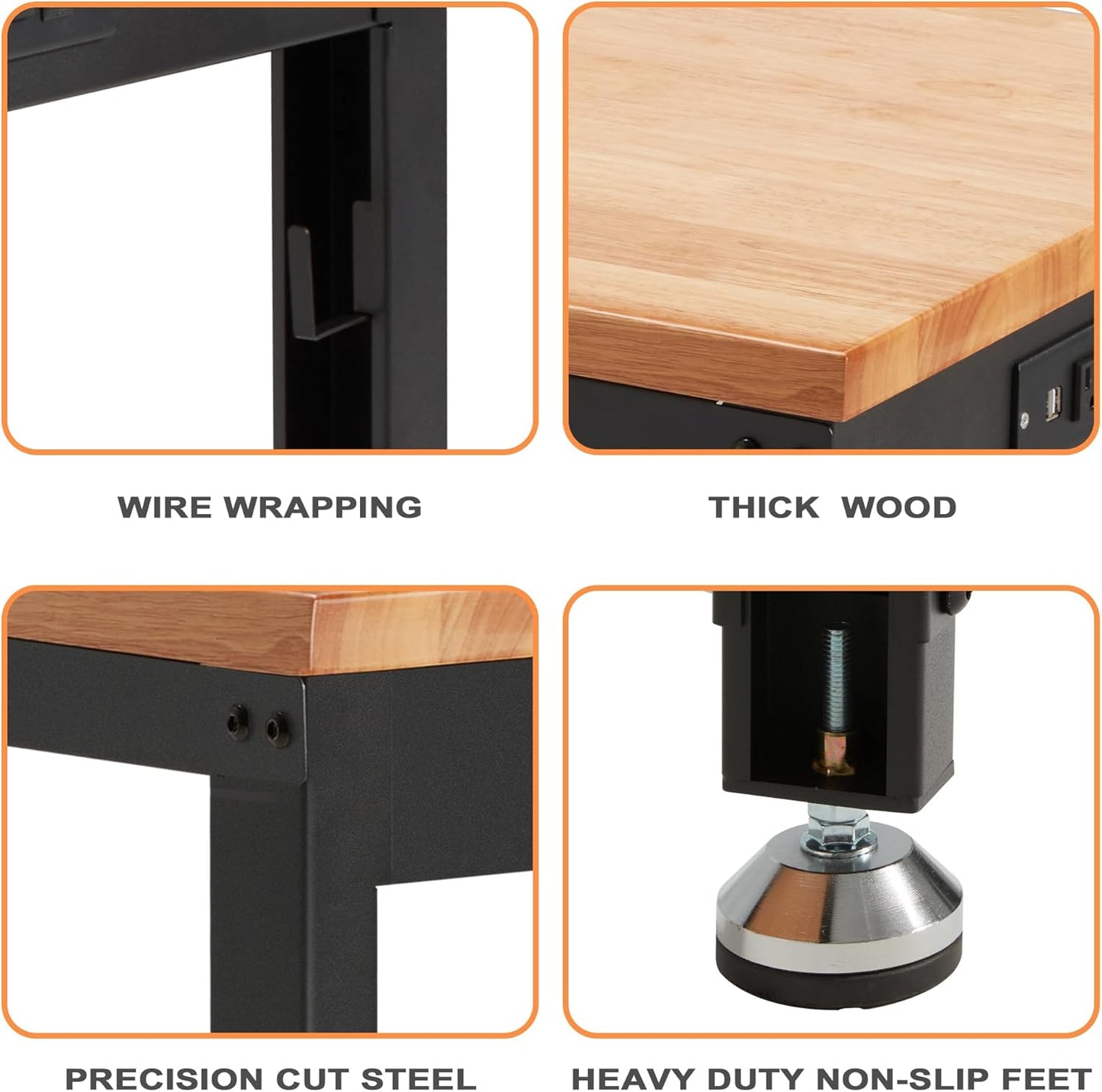 Haddockway Adjustable Workbench for Garage, 60" x 22" Rubber Wood Top Worktable with Power Outlets, Max 2000 Lbs Load Capacity Heavy Duty Workstation for Workshop Office Home (Black Frame, 60in)