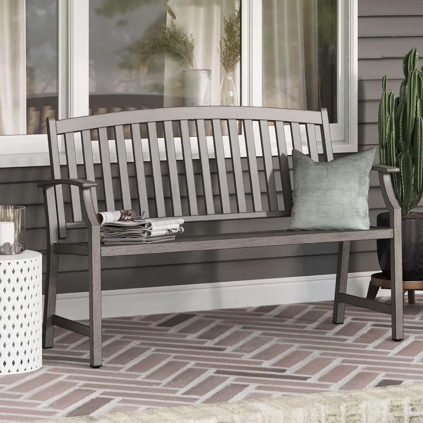 Grand patio Farmhouse Outdoor Bench, Garden Benches with Anti-Rust Aluminum, Faux Wood Grain Finish Frame Patio Bench for Front Porch, Weathered Gray