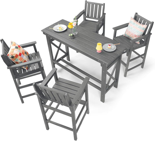 5-Piece HDPE Patio Bar Set, Rectangular Bar Height Table and 4 Adirondack Bar Chairs, Weatherproof Outdoor Bar Stools Set, Outdoor Bar Table and Chairs Set for Deck, Balcony, Pool, Smoke Gray
