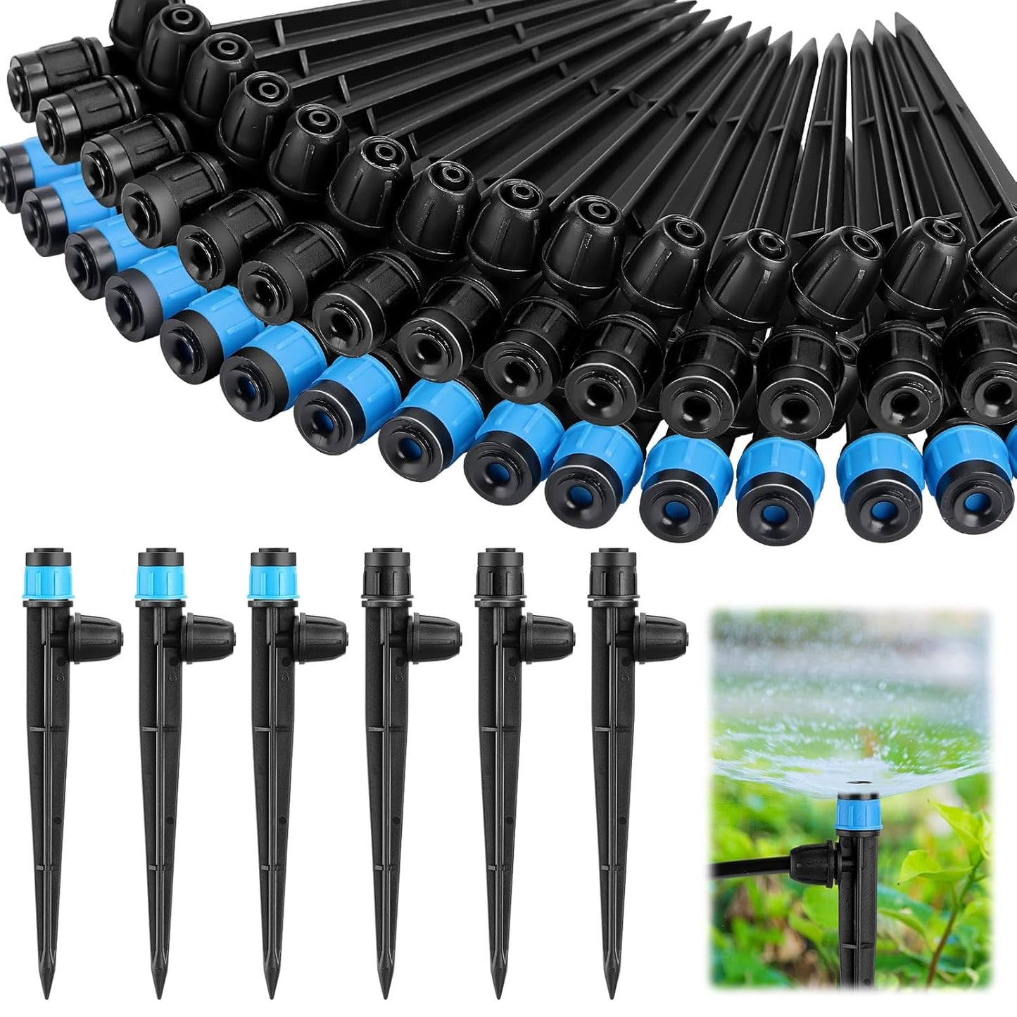 80 Pcs Drip Irrigation Emitters with Adjustable 360 Degree Water Flow Drippers for 1/4 Tubing Sprayer on 5.5 Arrow Stake for Garden System(Blue, Black,Lock Barbed)