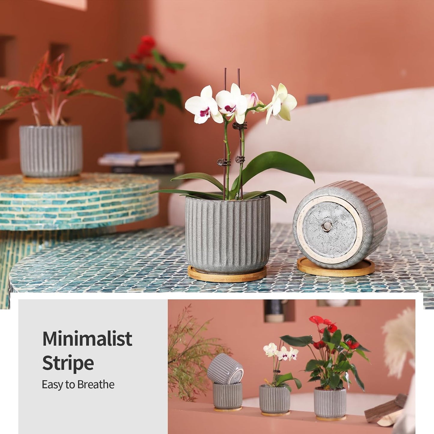 5.25 Inch Ceramic Plant Pots with Drainage Holes and Trays, Vertical Stripes Planter Pot with Saucers for Indoor Flowers, Succulent, Snake Plants, Cactus & Herbs, Grey-Green, Set of 4