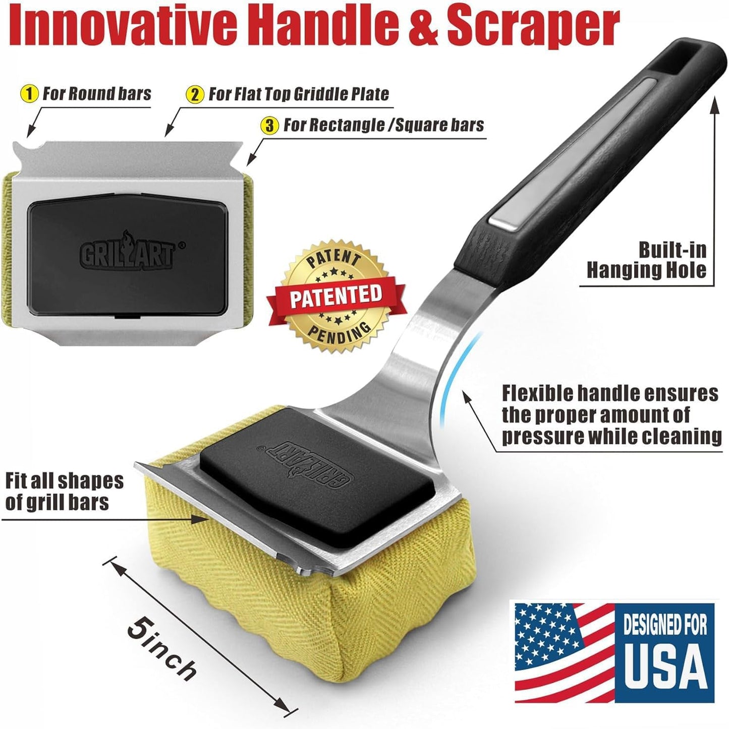 GRILLART Grill Brush Bristle Free. Upgraded BBQ Replaceable Cleaning Head, Seamless-Fitting Scraper Tools for Cast Iron/Stainless-Steel Grates Griddle, Safe Barbecue Grill Cleaner-Black