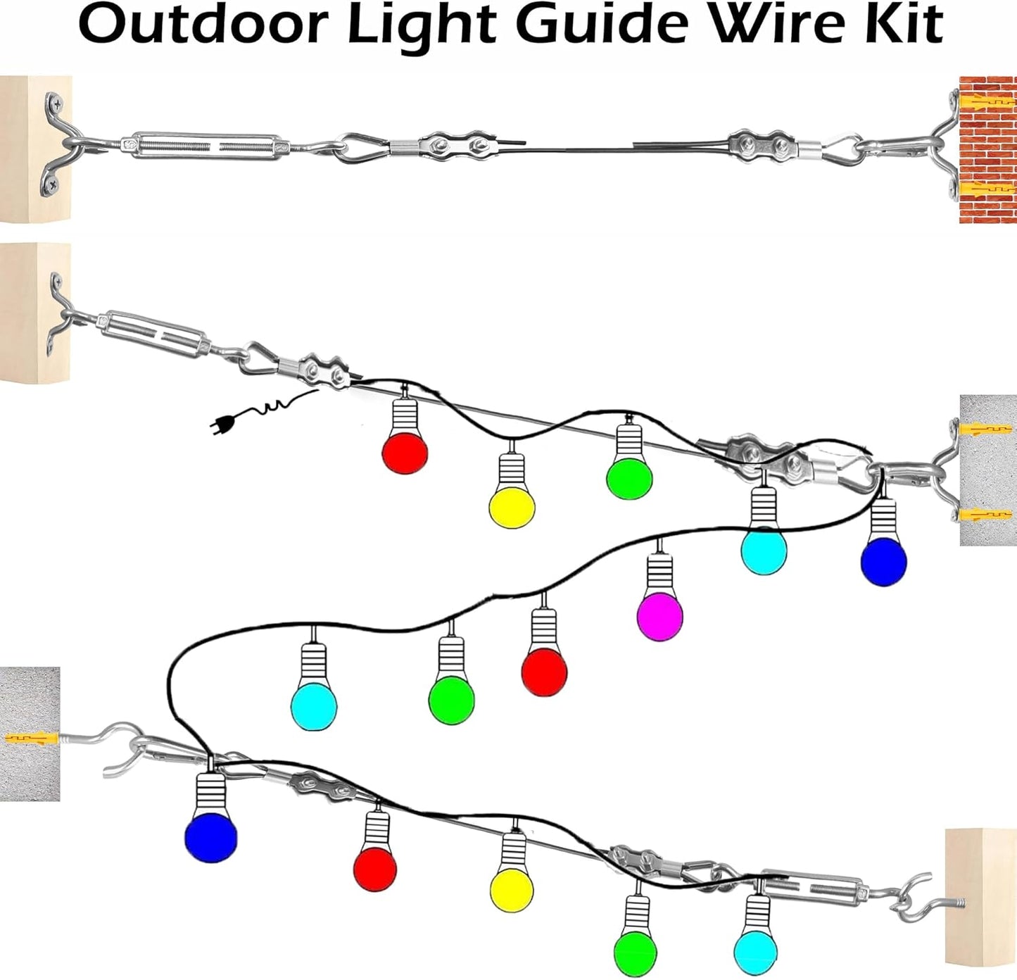 165FT String Light Hanging Kit,304 Stainless Steel Cable Kit - Heavy Duty 480LB Capacity, Adjustable Turnbuckles & Complete Accessories for Clothesline, Garden Rigging