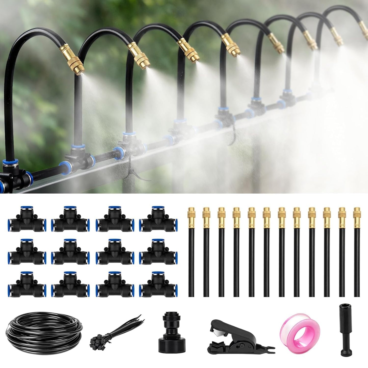 360° Adjustable Drip Irrigation System - 66FT Garden Watering System with 20 Nozzles, Garden Irrigation System, Greenhouse Accessories, Atomizing System for Yard, Lawn, Plants, 5/16 inch Hose (66FT)