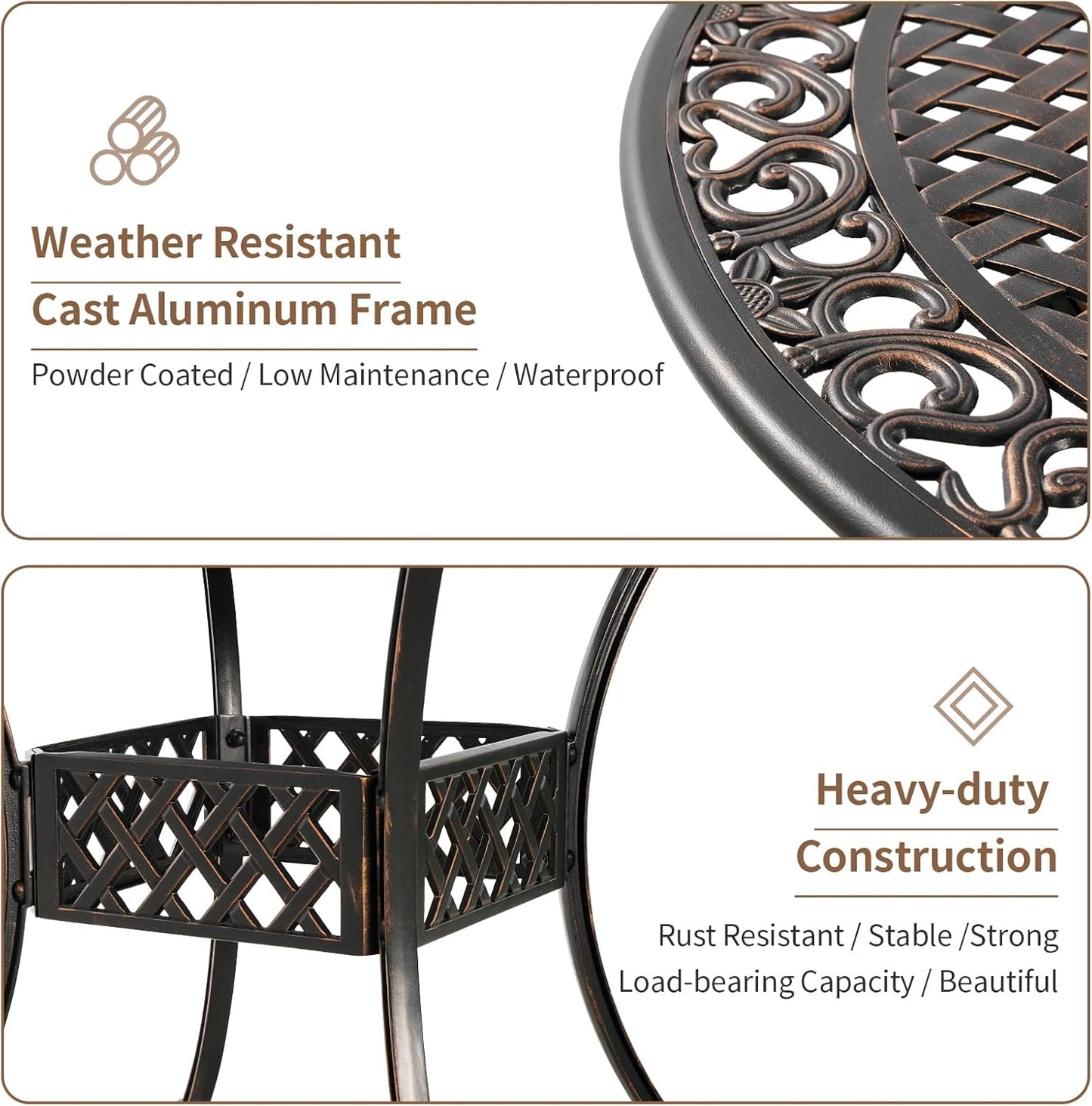 5 Piece Outdoor Patio Dining Set, All-Weather Cast Aluminum Table and Chairs Set of 4, Bistro Set Outdoor with Umbrella Hole for Garden, Porch