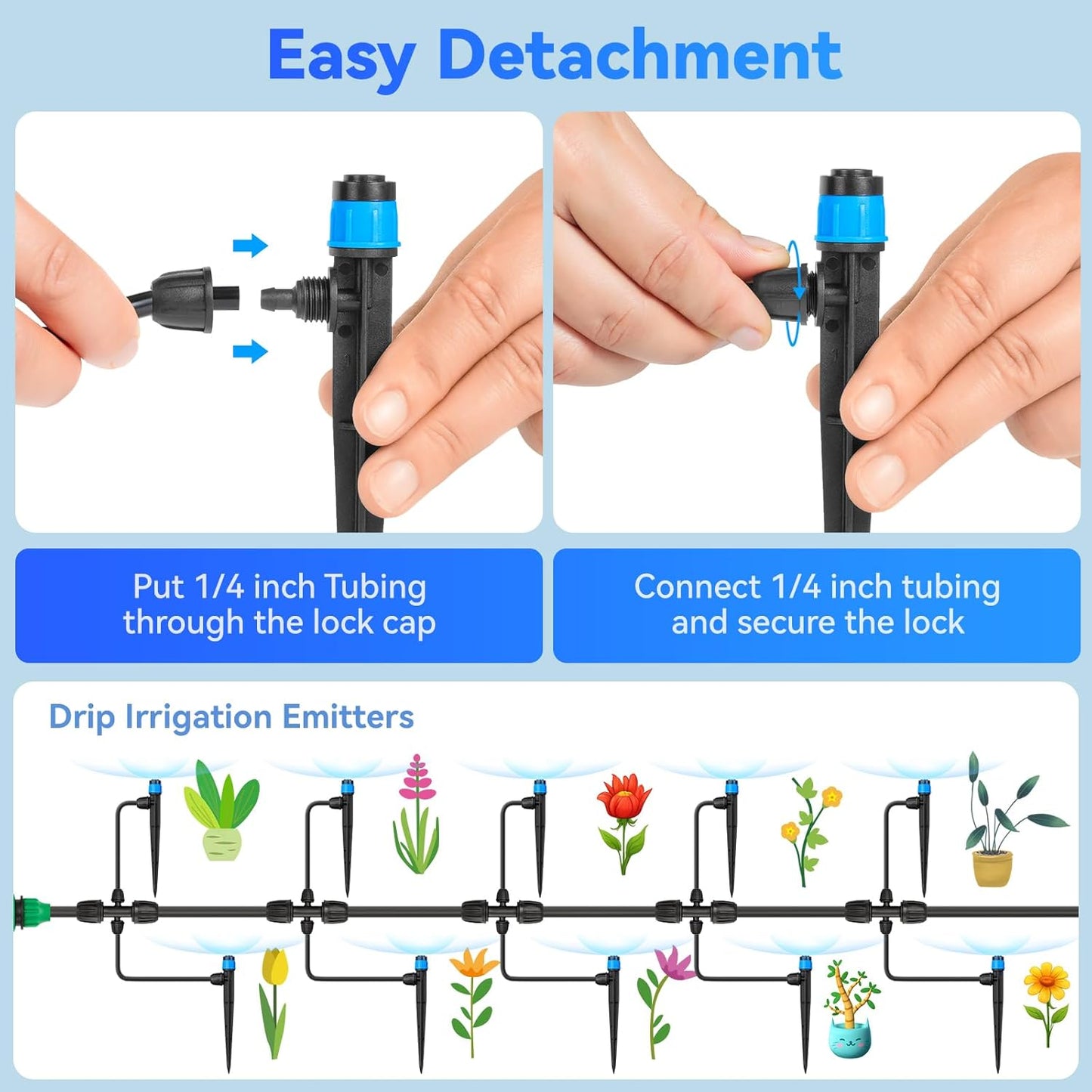 Adjustable Drip Irrigation Drippers Vortex: 20PK Fan Shape Water Flow Bubbler Stake Irrigation Emitters with Lock Barbed for 1/4 inch Tubing for Garden Watering