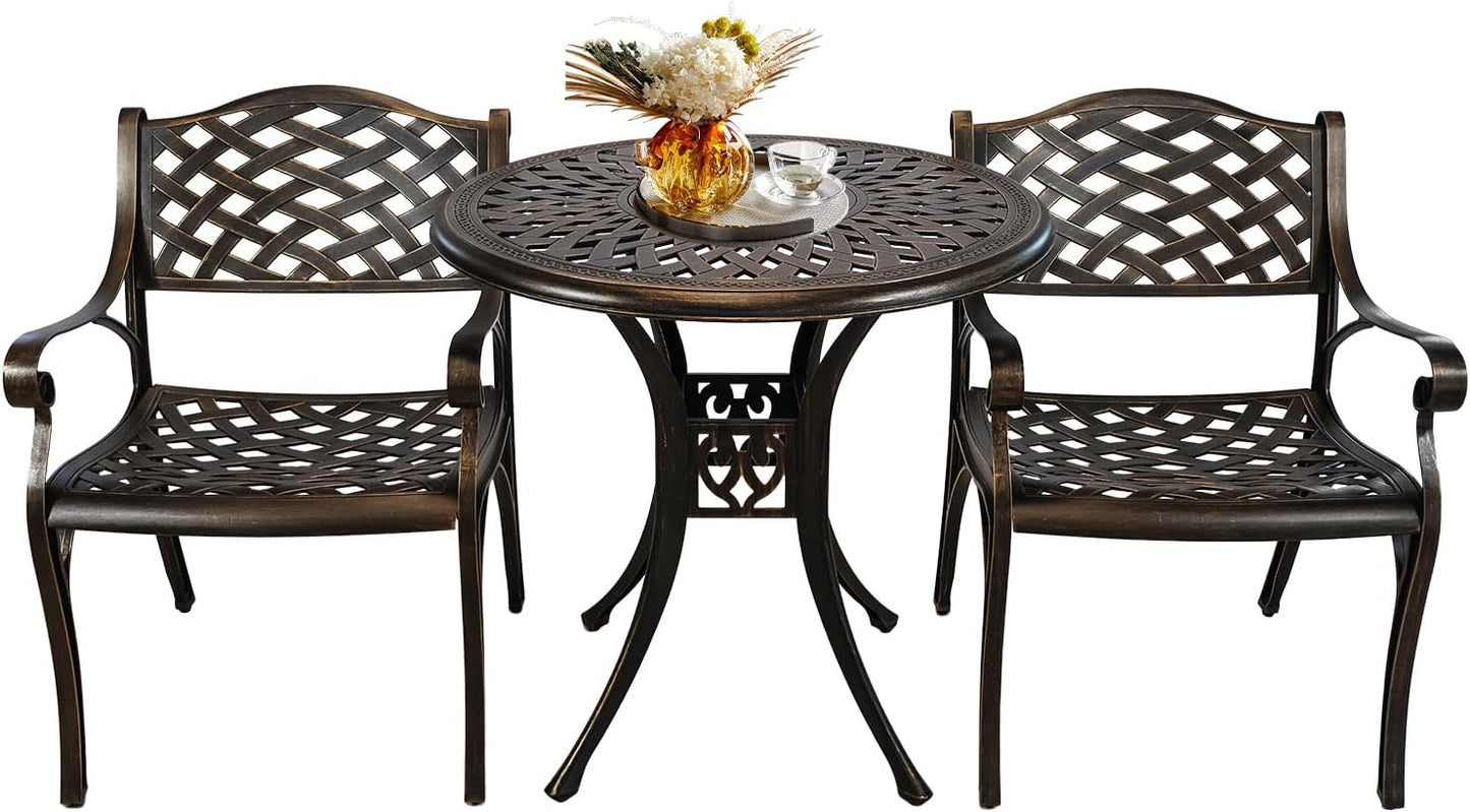 3 Piece Patio Set Metal Bistro Table and Chairs Set of 2 with Umbrella Hole,Cast Aluminum Bistro Table Set Outdoor All Weather Patio Furniture Set for Garden,Backyard,Bronze