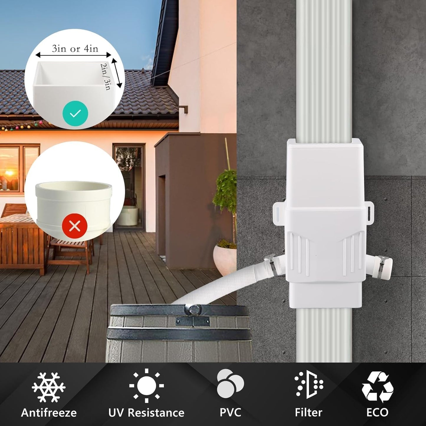 Downspout Diverter, Rain Barrel Diverter Kit-Rainwater Collection System Fits 2x3 or 3x4 Inch Downspout with Filtration and PVC Spigot, White