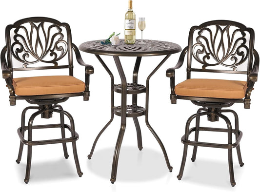 3 Pieces Patio Swivel Bar Set, Patio High Top Bar Table and Chairs Set, All-Weather Cast Aluminum High Swivel Bar Stools Chair Set of 2 and 31" Table, Patio Bistro Set for Garden, Balcony