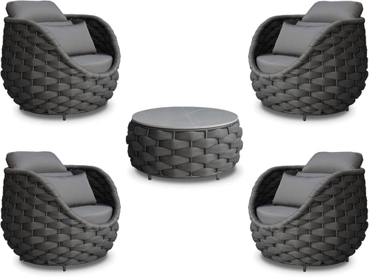 Front Porch Furniture 5 Piece Set: Aluminum Woven Rope Patio Conversation Sofa Set - Assembled Accent Chair Cushioned - Outdoor Armchair Couch Set for 400 lbs Deck Backyard Poolside Garden Hotel