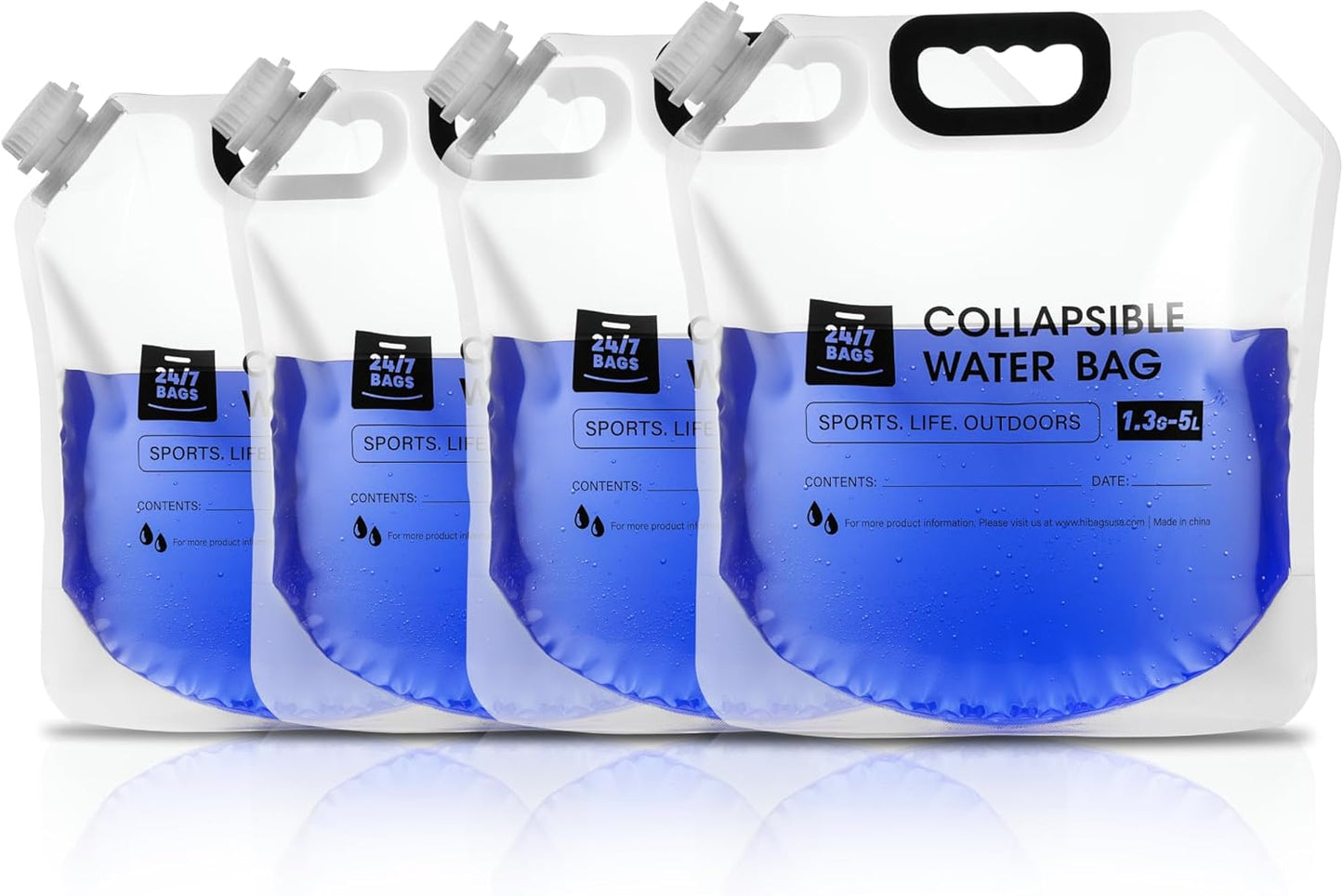 4 Pack Collapsible Water Container Bag 1.3 Gallon/5 Liter, Heavy Duty with Carry Handles, Hikes, Trips, Weather Emergencies, and More, Foldable Water Bag