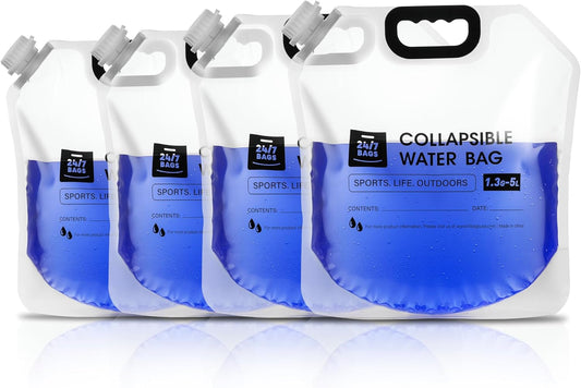 4 Pack Collapsible Water Container Bag 1.3 Gallon/5 Liter, Heavy Duty with Carry Handles, Hikes, Trips, Weather Emergencies, and More, Foldable Water Bag