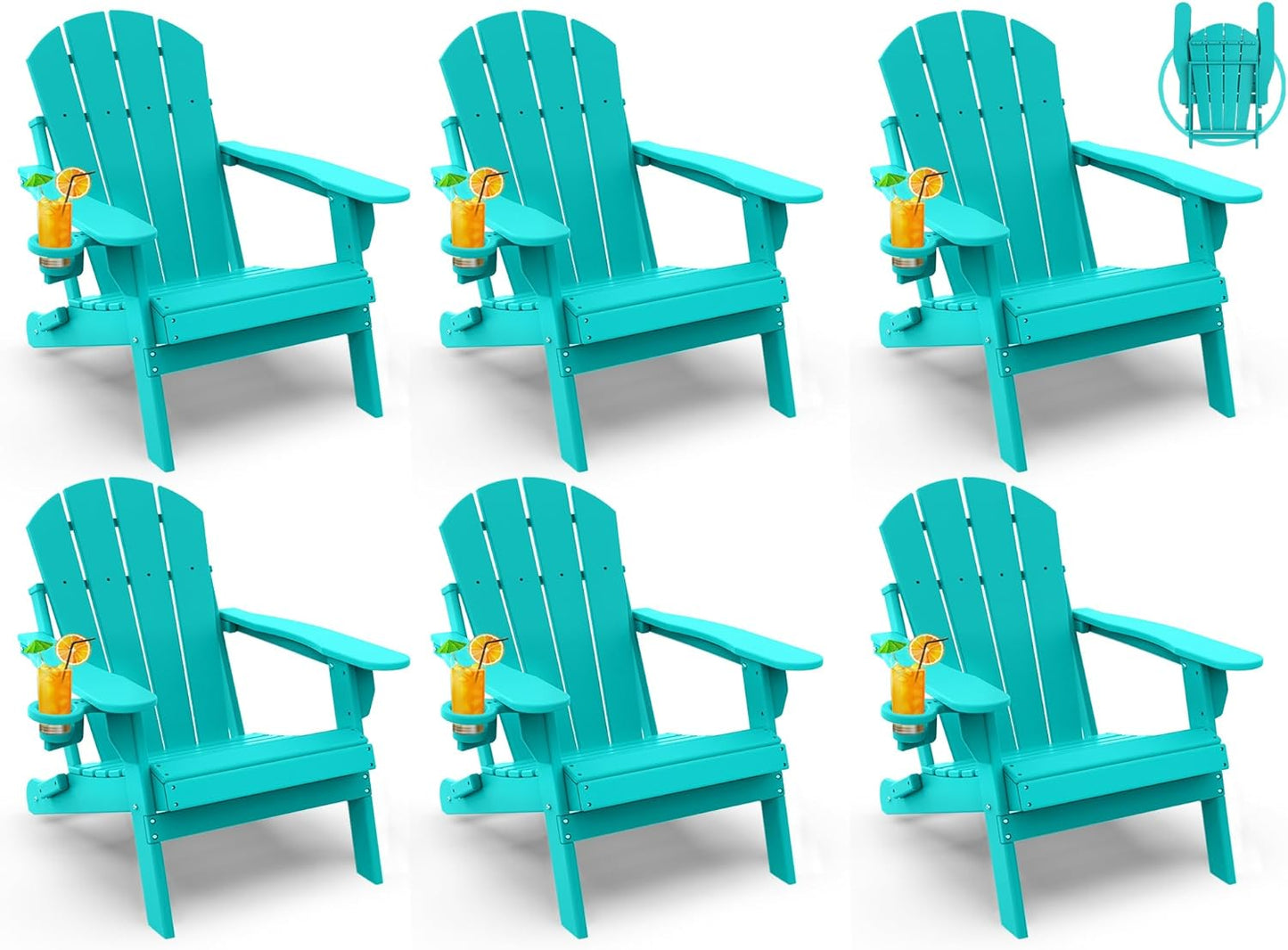 GREENVINES Folding-Adirondack-Chairs-Set-of-6 | HDPE Plastic | Fire Pit Chair | All Weather | Cup Holder | Aqua | for Deck Backyard Patio Outdoor Garden