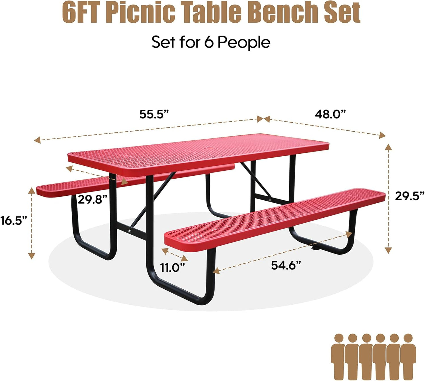 6FT Metal Picnic Tables for Outdoors, Commercial Rectangular Picnic Table and Bench Set for Outside, Patio, Garden, Backyard, Porch, Surface Mount, Red