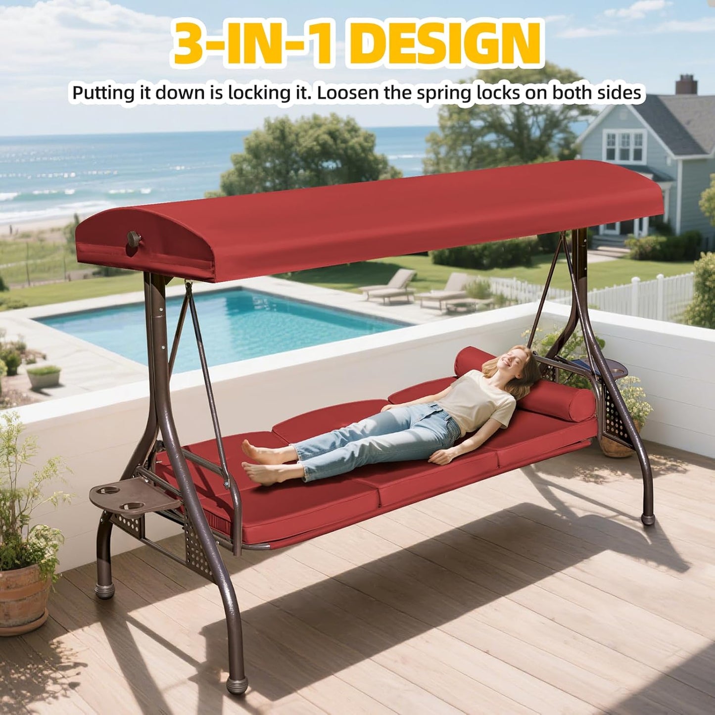 3-seat Patio Swing with Canopy,Convertible Outdoor Swing Bed with Thick Cushions, Pillows & Cup Holders, 3-Seat Outdoor Swings Chair for Backyard, Garden, Deck(Red)