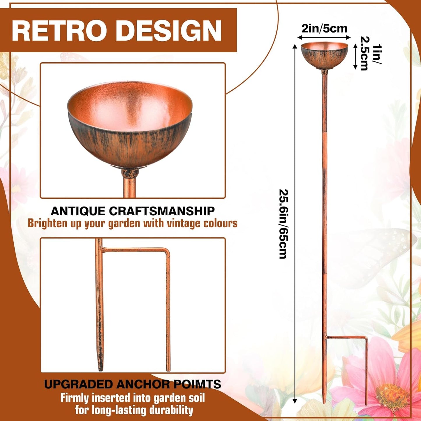 6 Pcs Bee Watering Station for Garden Bee Metal Watering Cups Butterfly Water Feeder Small Insects Bath Bowl Cups Metal Stakes for Outdoor Garden Decor, Copper