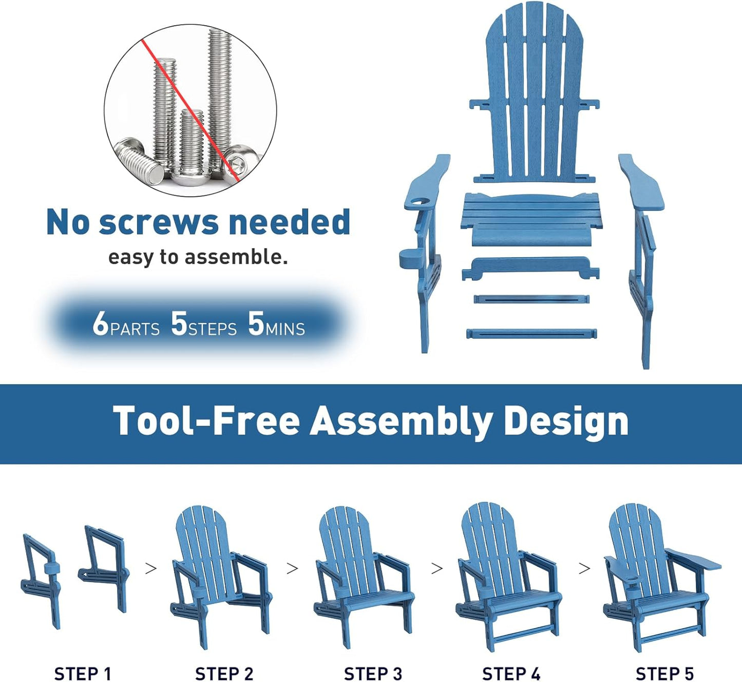 Adirondack Chairs Set of 4, Tool-Free Assembly All-Weather Plastic Adirondack Chairs, HDPE Fire Pit Chairs with Cup Holder, Outdoor Chair for Patio Garden (Blue)