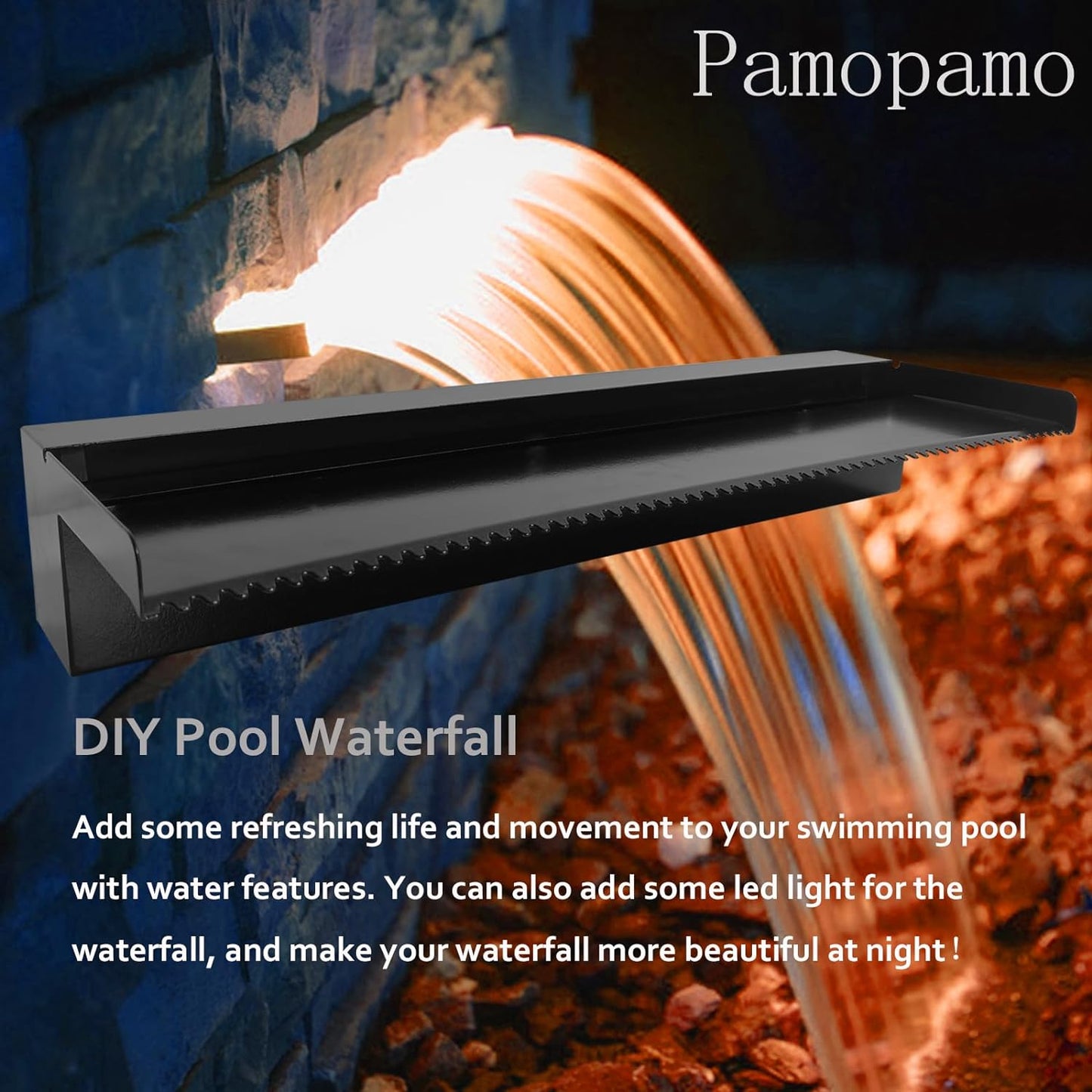 Pond Waterfall Spillway Pool Fountain Water Feature, Black Stainless Steel Outdoor Fountains, Swimming Pool Water Flow Waterfalls Kit for Garden Patio Ponds-23.6"x7.8"x3.9"(NO Light)