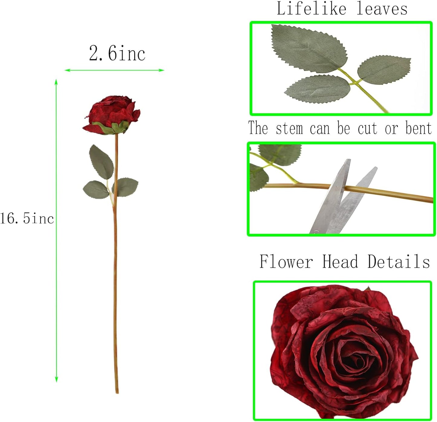 Kimura's Cabin 12pcs Fall Faux Roses Flowers with Stem Vintage Artificial Silk Rose Bouquet Realistic Fake Roses Dried Flower for Valentines Home Centerpiece Wedding Party DIY Decoration (Dark Red)