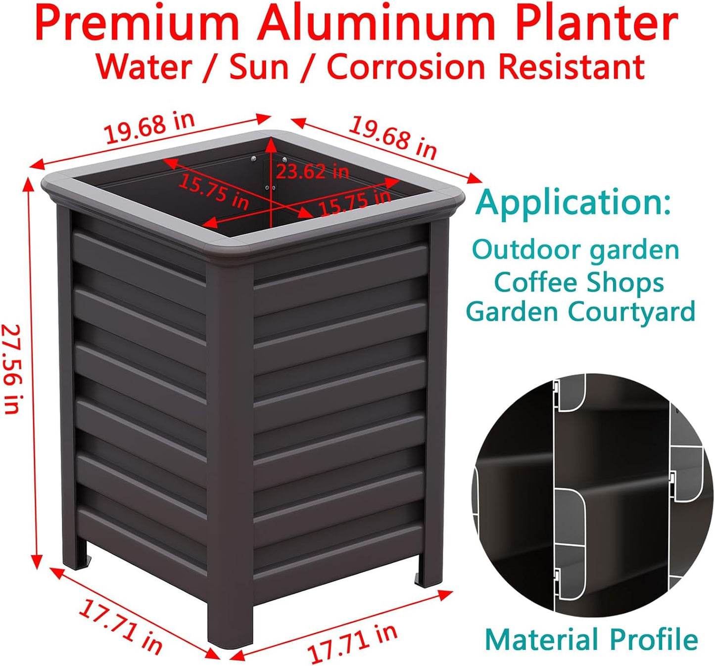 Aluminum Outdoor Planter - 19.68" Tall Planter Box for Patio Porch Indoor or Outdoor Durable Weather-Resistant Large Planters for Flowers with Drainage Hole, Dark Brown, 19.68"D x 19.68"W x 27.56"H