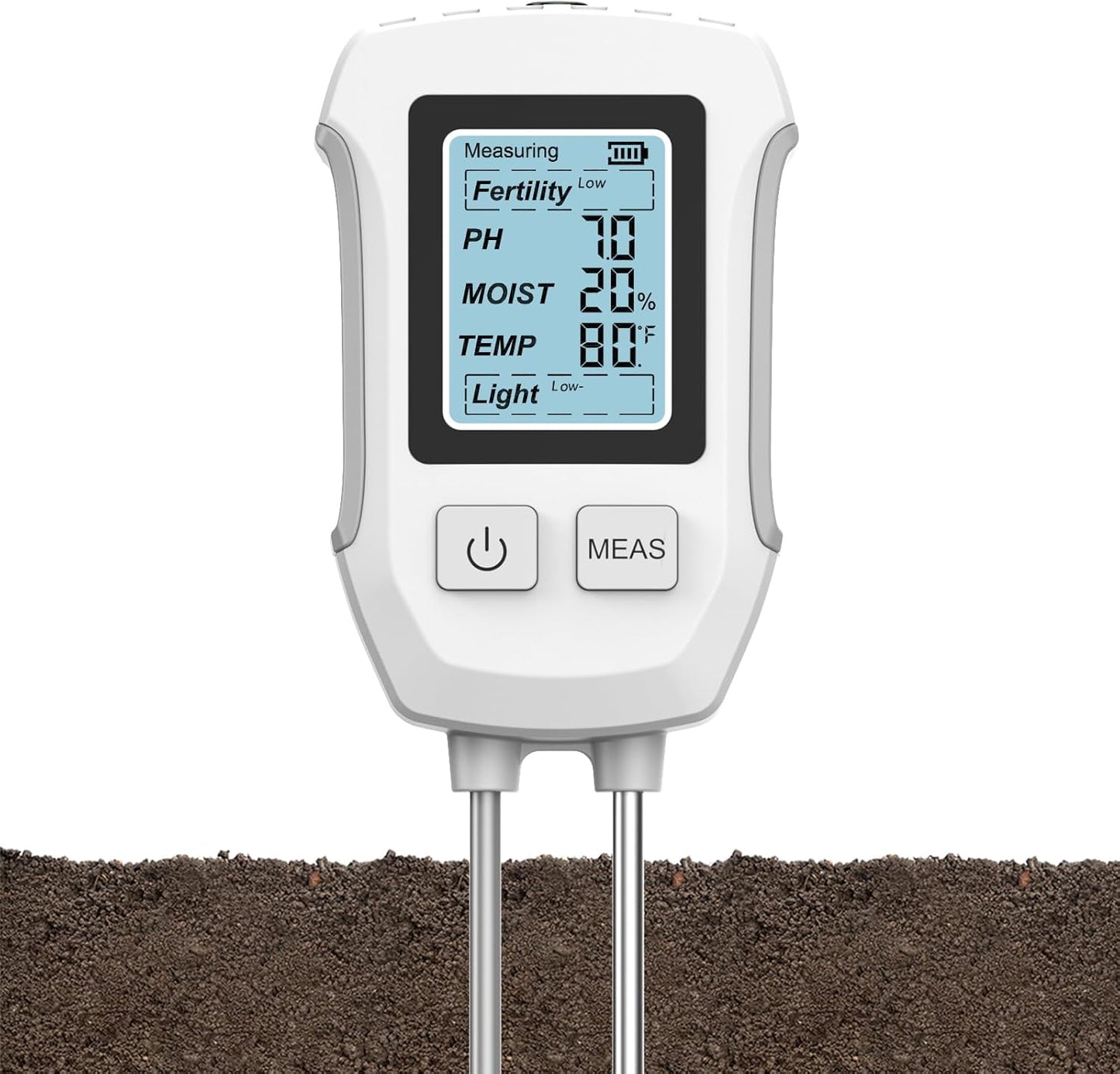 5-in-1 Soil Tester with Dual Probe, Digital Moisture Meter, pH/Temperature/Sunlight/Fertility Tester, Compact & Modern Design, for Lawn, Farming & Outdoor Plants (3*AAA Battery Required)