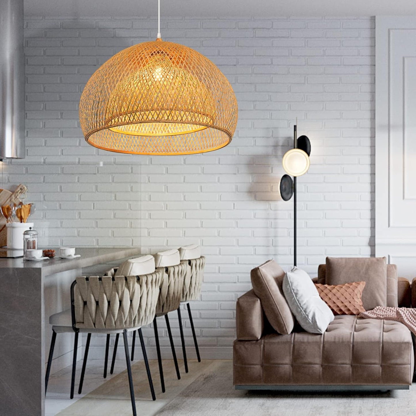 Arturesthome 23.6" Weaving Bamboo Pendant Light for Kitchen Island, Wicker Chandelier, Handmade Woven Hanging Ceiling Light Lampshade for Living Room Bedroom