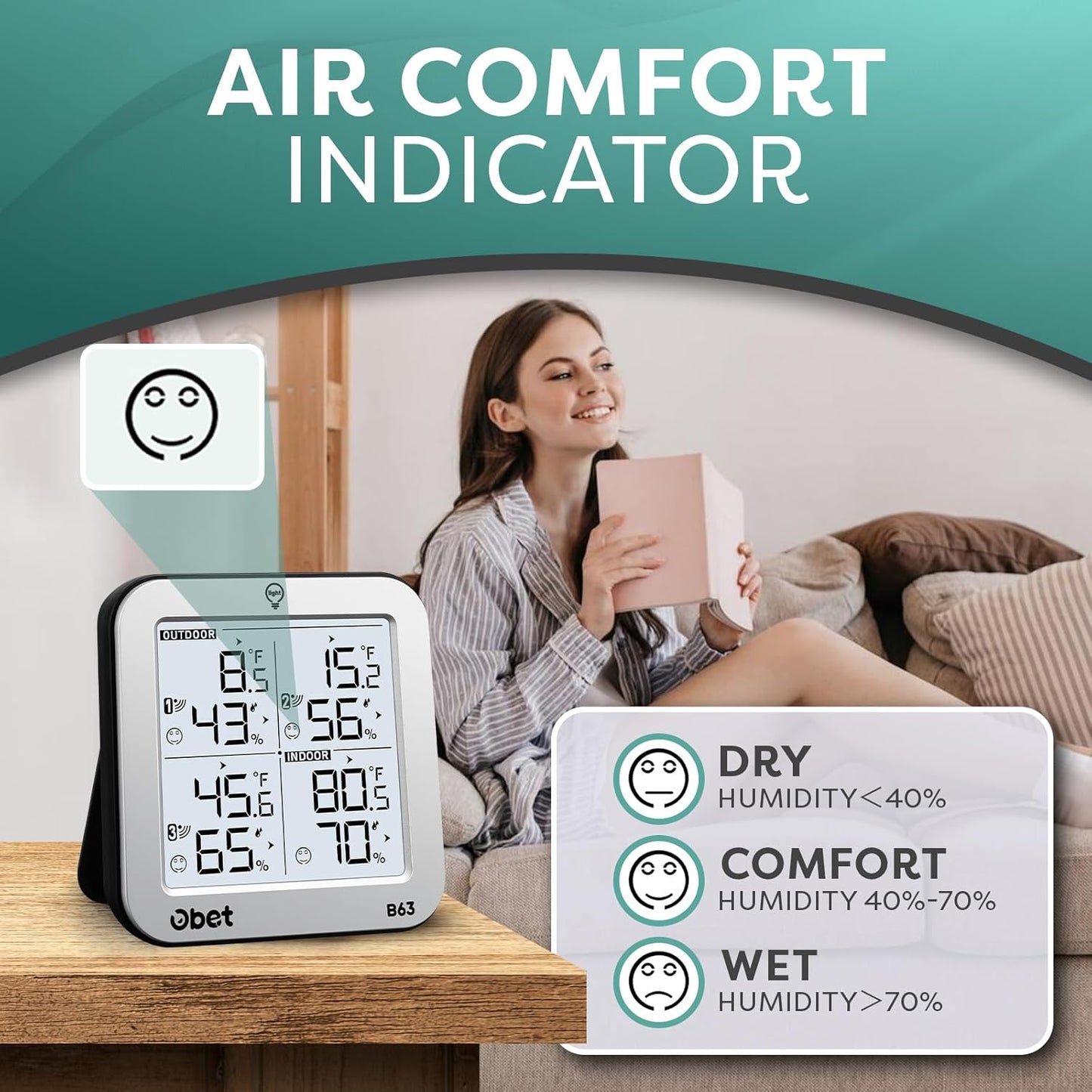 OBET Indoor Outdoor Thermometer Wireless with 3 Sensors Weather Station Temperature Humidity Monitor 500ft Range and Adjustable Backlight and Min Max Data Silver