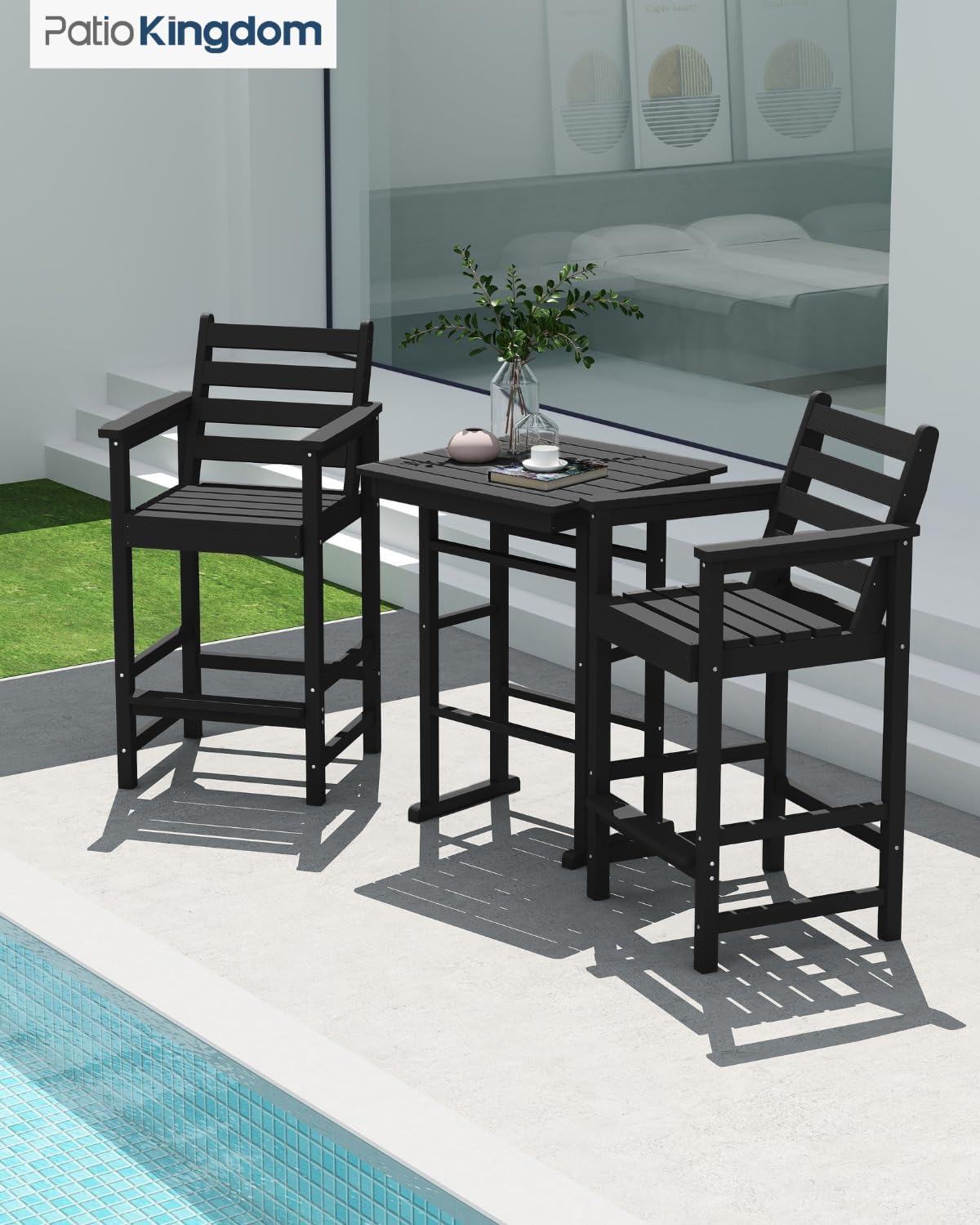 3-Piece Outdoor Bar Set with Beige 11FT Cantilever Umbrella, HDPE Tall Balcony Adirondack Chairs and Table, Outdoor Bar Stools for Patio (Black)