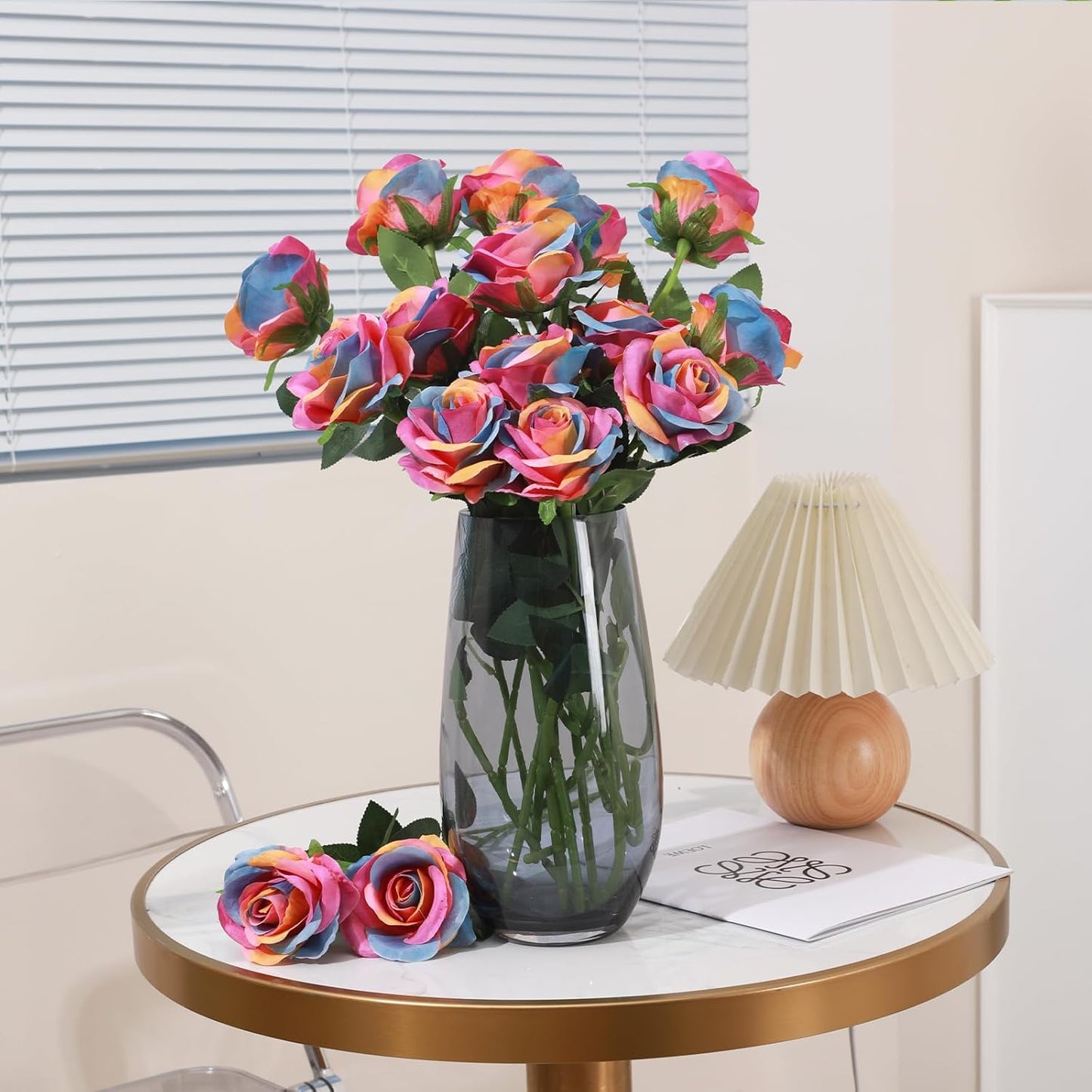Rainbow Fake Roses Artificial Flowers - 16 Pcs Fake Artificial Roses Silk Flowers with Stems for Home Wedding Hotel Office Centerpiece Decor（Rainbow）
