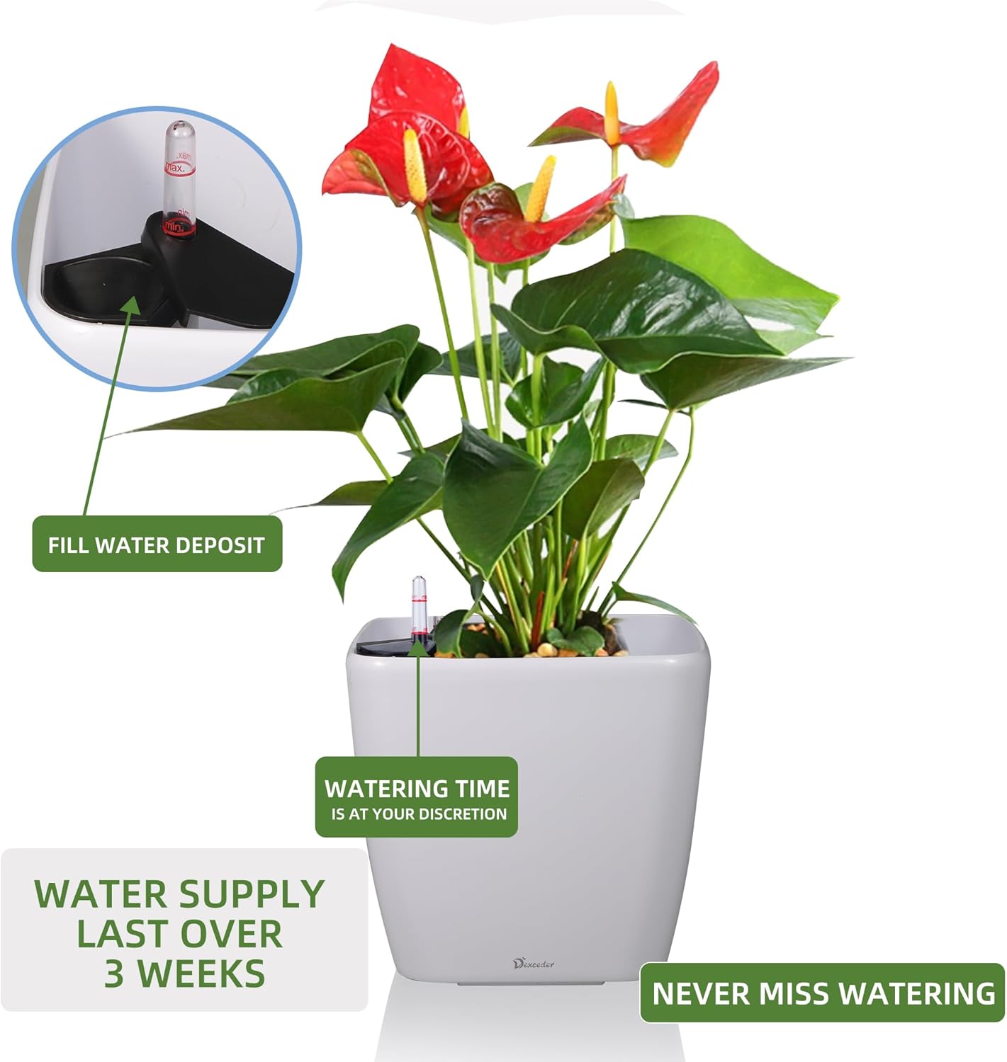 Dexceder 13x12 Self Watering Planter with Wheels Indoor Outdoor, Inner Mat Design, Thickened Large Floor Standing Flower Plant Pot with Water Level Indicator (White Matte)