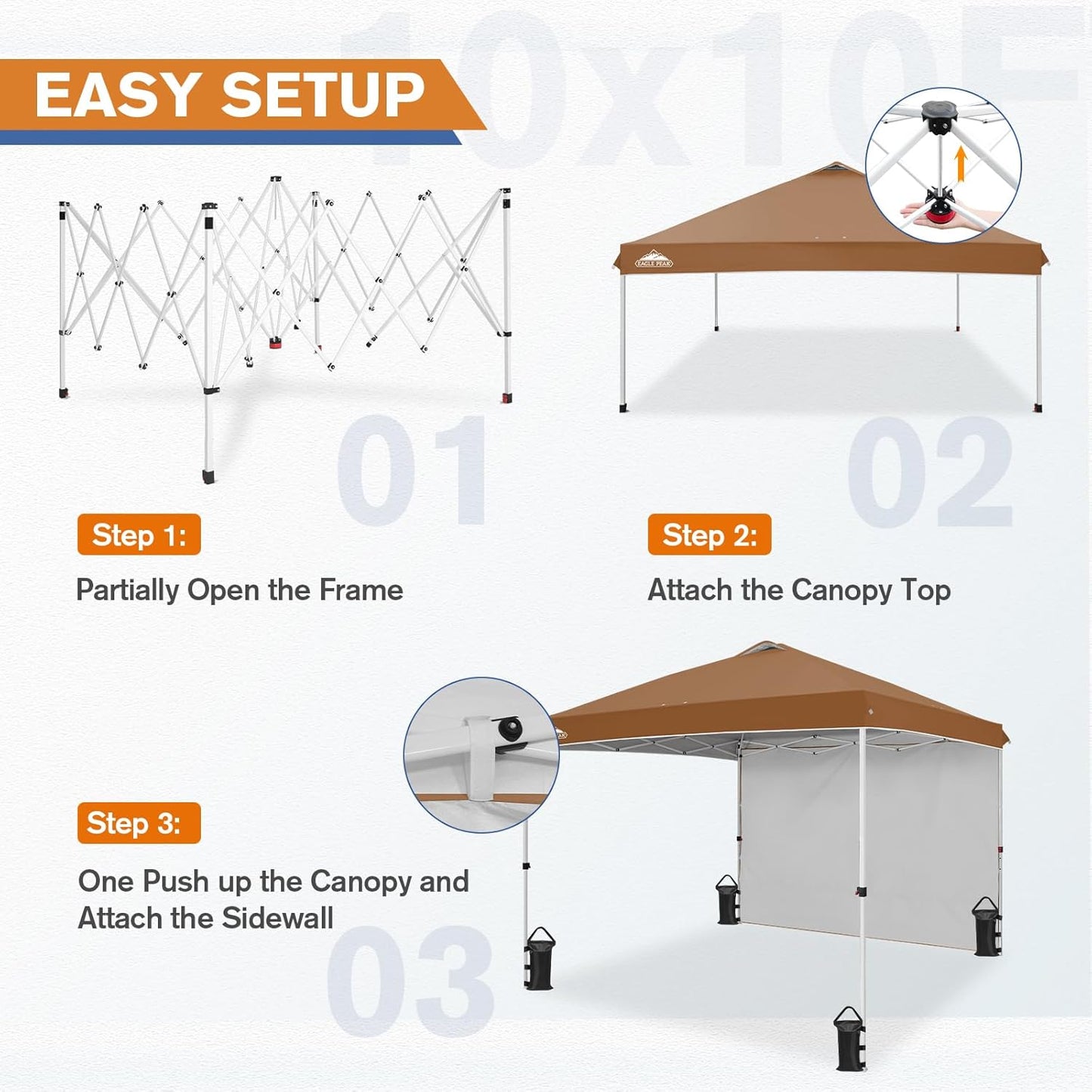EAGLE PEAK Pop Up Canopy Tent with 1 Sidewall, Easy Setup Event Tent, Outdoor Sun Shade, Wheeled Carry Bag, Stakes and Guy Ropes, Instant Canopy 10x10, Khaki