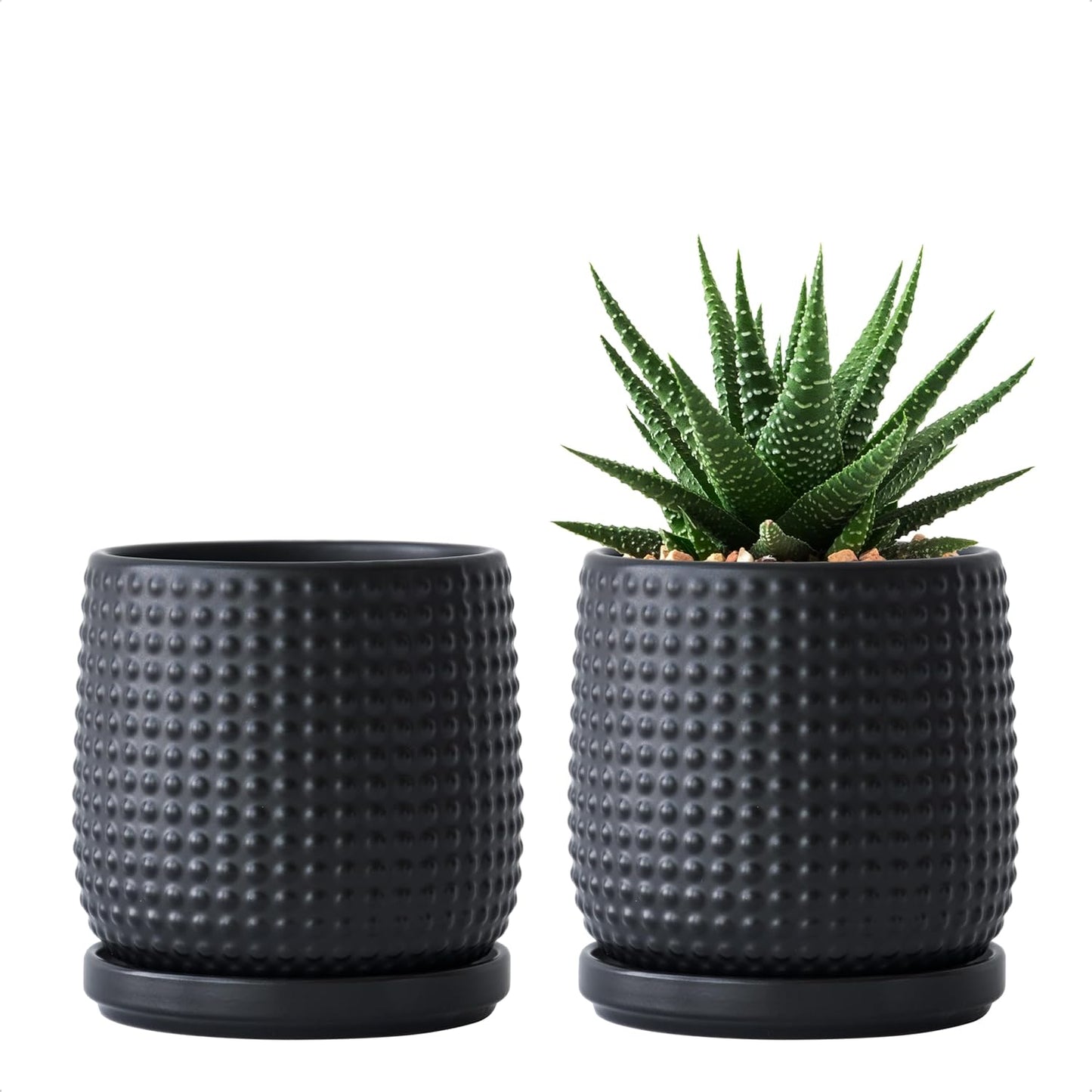 D'vine Dev Set of 2 Ceramic Plants Pots, 4 Inch Beaded Stoneware Flower Pot for Plants with Drainage Hole and Saucer, Ebony Matte, 27-E-Z-6