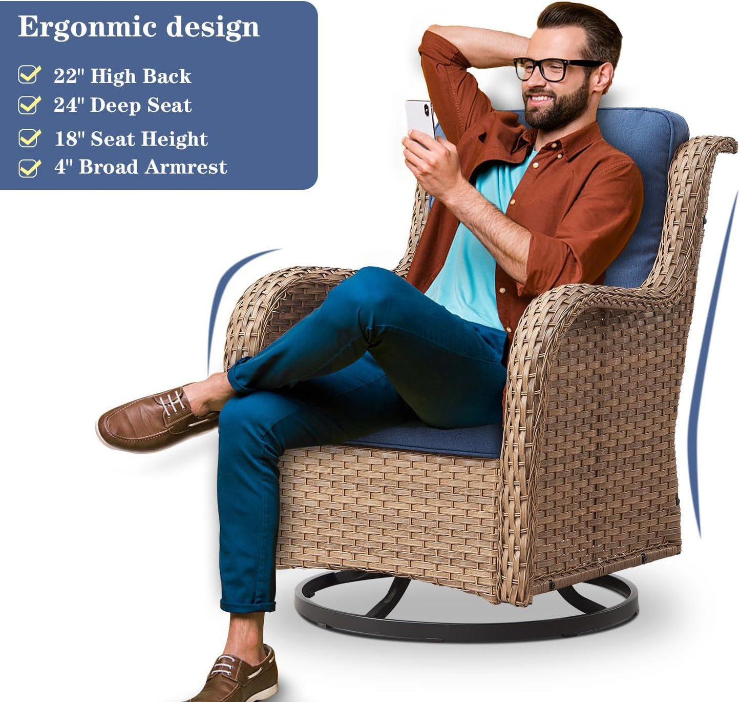 4 Pieces Patio Furniture Sets, Wicker Patio Swivel Glider Chair with Ottomans, Outdoor Furniture Set for Outside Porch, Deck, Balcony, Garden, Yellow