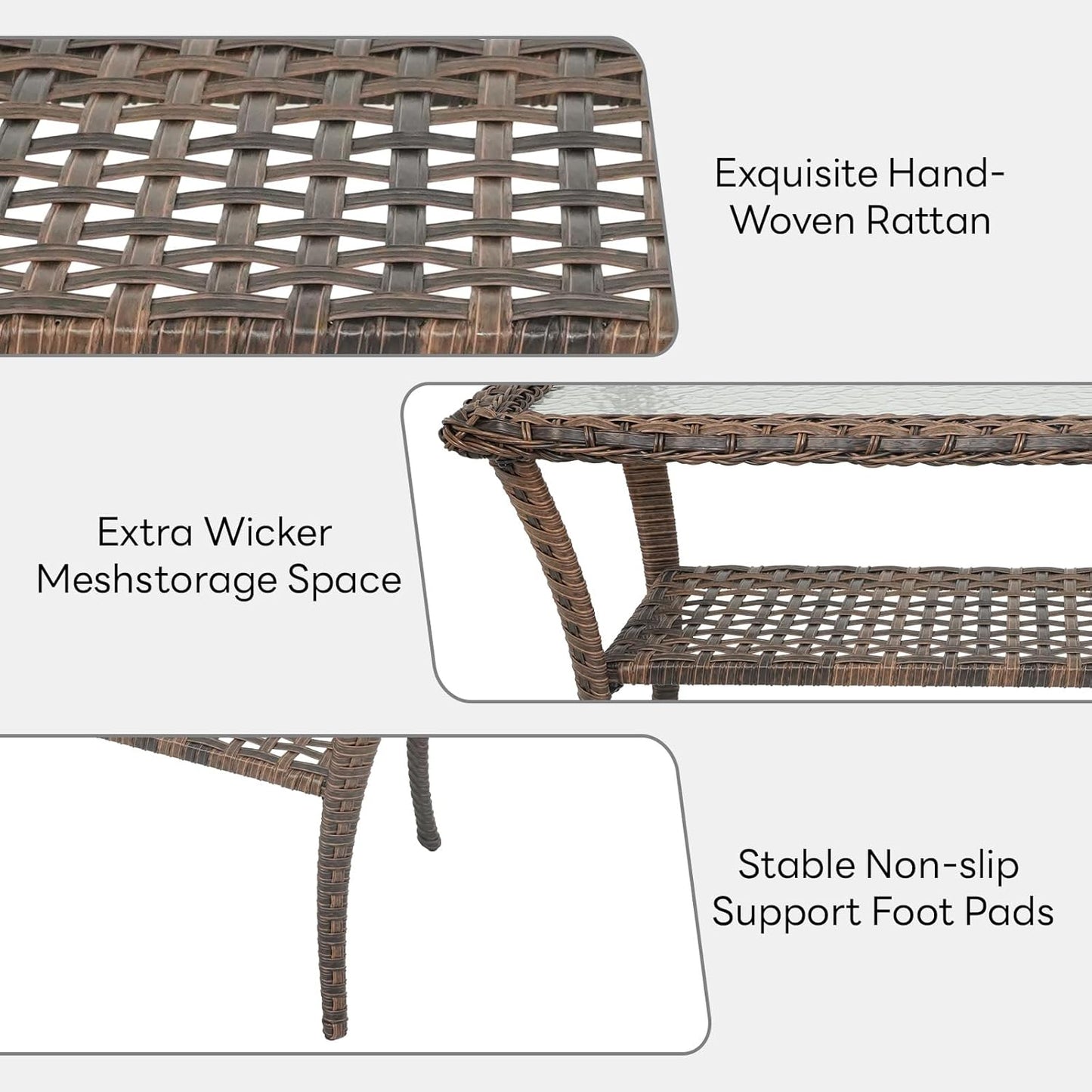 38 Inch Outdoor Coffee Table with 2 Tier Storage - Wicker Coffee Table with Water Ripple Texture Tempered Glass Top, All Weather Patio Coffee Table for Deck Porch Balcony Garden Brown