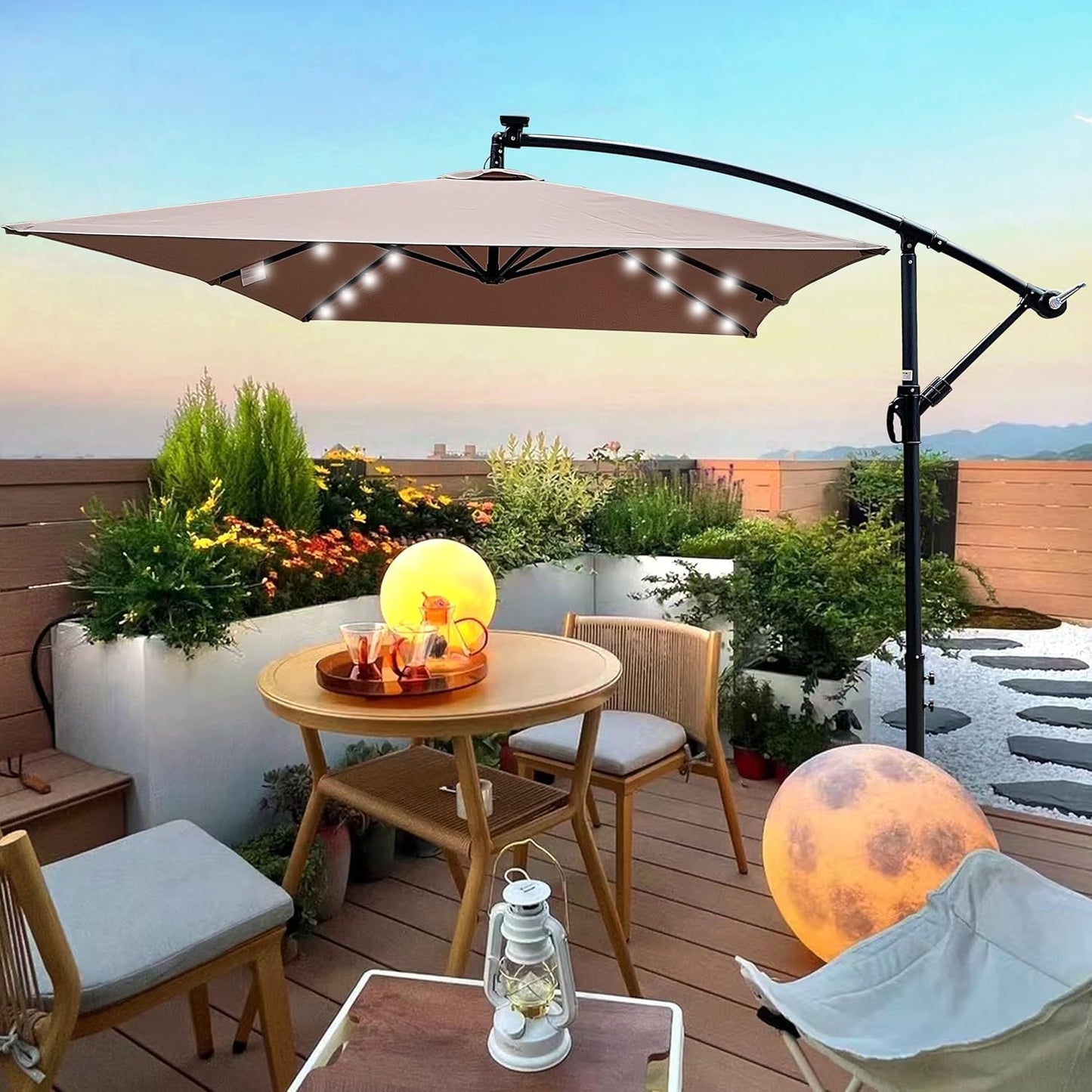 10x6.5FT Patio Umbrella, Outdoor Offset Umbrella with Cross Base and Crank, Rectangular Cantilever Umbrella with Solar Lights, Hanging Market Umbrella with 6 Rids for Pool, Deck, Backyard (Mushroom)