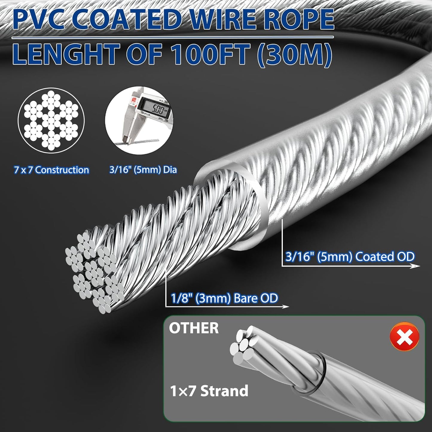3/16" Wire Rope, 304 Stainless Steel Turnbuckle Wire Tensioner Kit, 100 Ft PVC Coated Steel Cable w/ 7×7 Strand Core for Decking Stair Railing, Shade Sail, String Light Hanging, Clothes Line