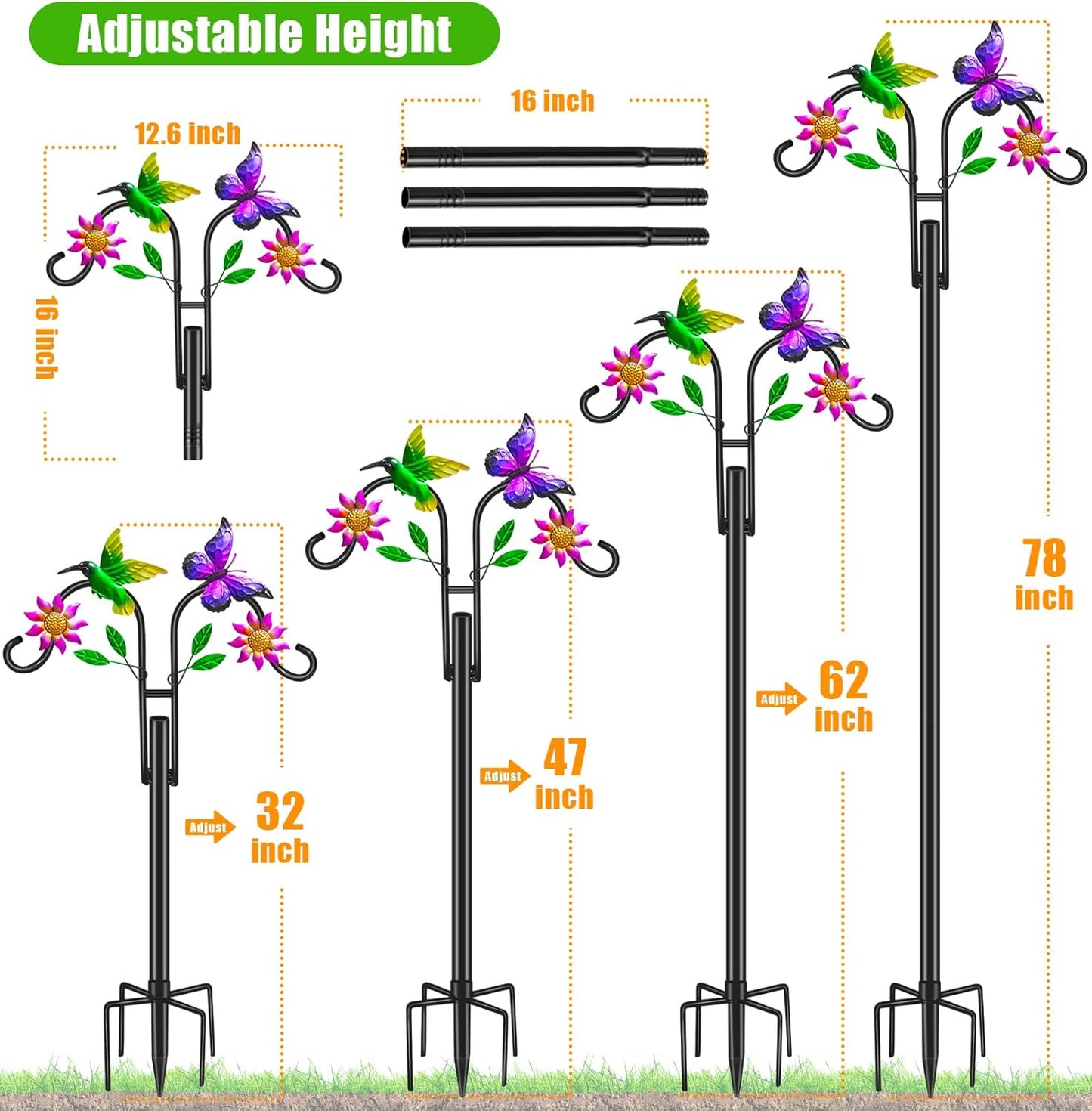 Double Shepherds Hooks for Outdoor, 78 Inch Artistic Hummingbird & Flower Design, 5 - Prong Base, Ideal for Bird Feeders, Baskets & Lanterns (2 Pack)