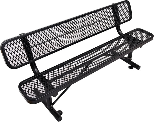 6Ft Heavy Duty Park Bench with Back Portable Frame, Outdoor Steel Bench with Backrest, Expanded Metal Mesh Bench for Lawn, Park, Deck, Garden, Patio, Porch, Black