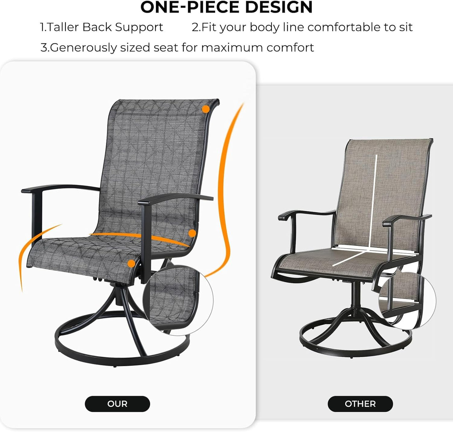 Grand patio Outdoor Swivel Dining Chairs Set of 2, 360 Degree Mesh Sling Rocker Sets for Deck, Garden Backyard, Black & Grey Plaid