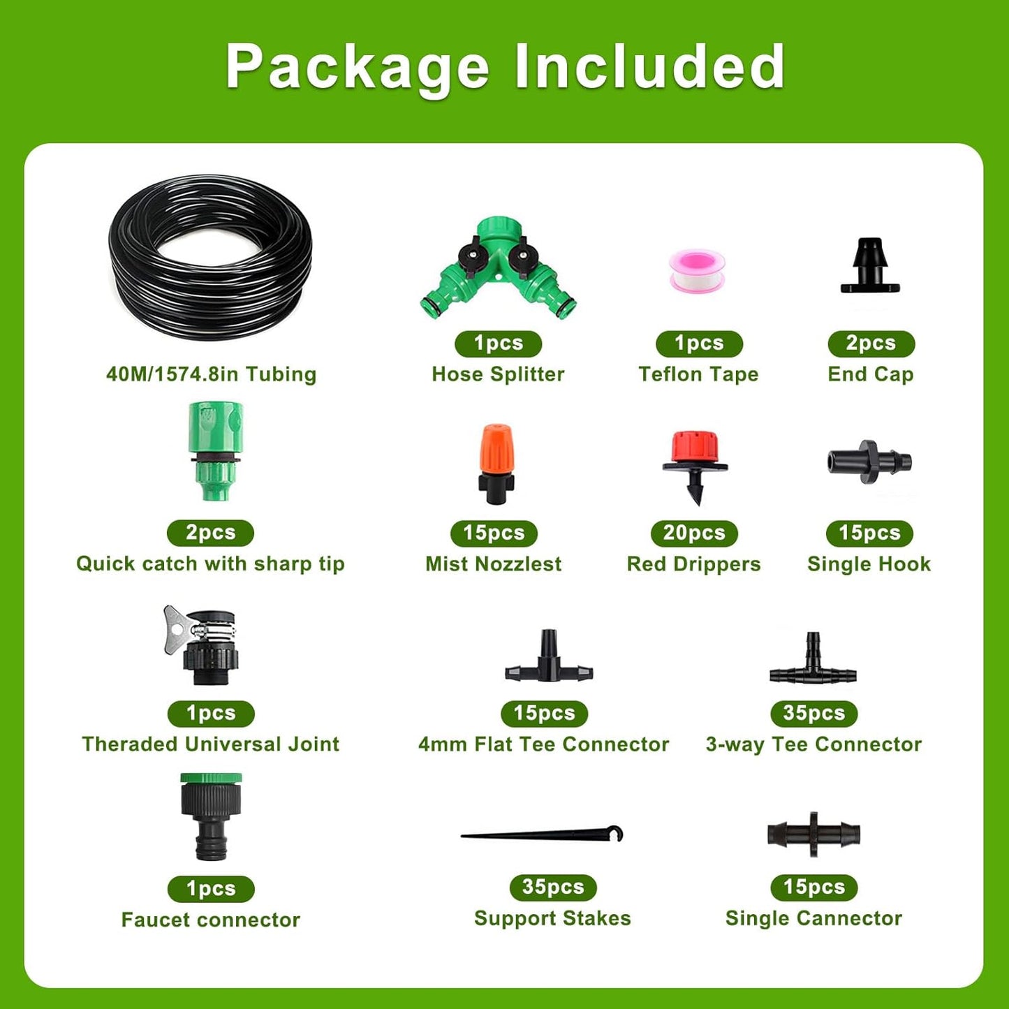 Drip Irrigation Kit 131FT 158PCS with 1/4" Black Distribution Tubing, Automatic Watering System for Garden, Greenhouse, Patio, Flower Bed, Lawn