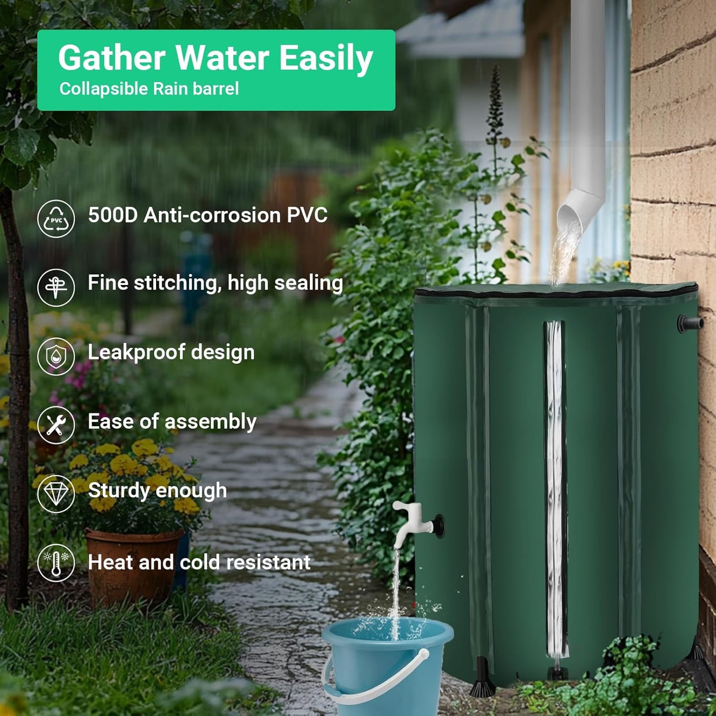 50 Gallon / 200L Rain Barrel, Collapsible Rain Barrels to Collect Rainwater from Gutter with Spigots and Overflow, 500D PVC Portable Rain Water Collection Catching System, Water Catcher Tank
