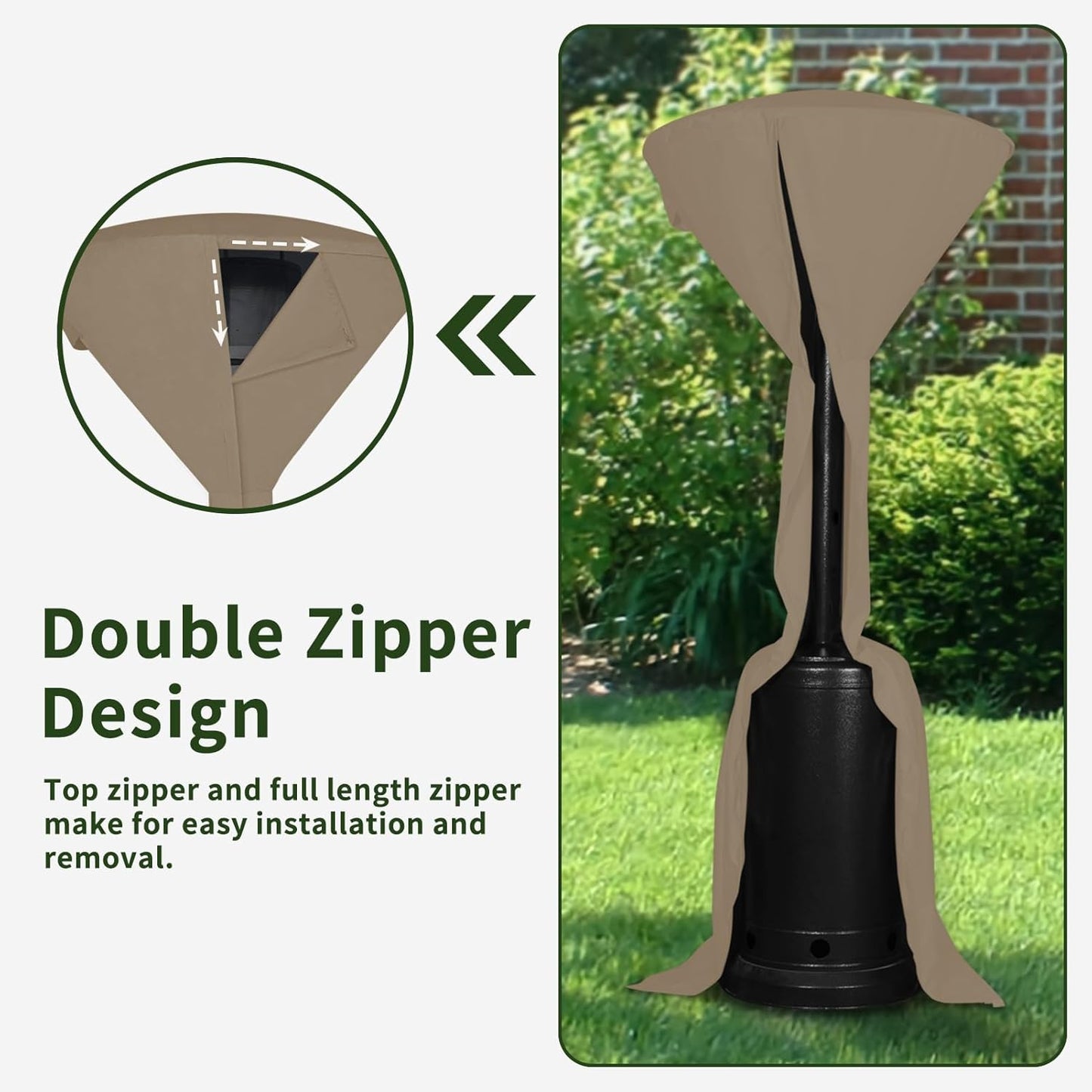 Easy-Going Stand-Up Patio Heater Cover with Zipper and Storage Bag, Waterproof Outdoor Heater Cover Dustproof, UV-Resisant, Wind-Resistant (95" H x 34" D x 19" B, Camel)