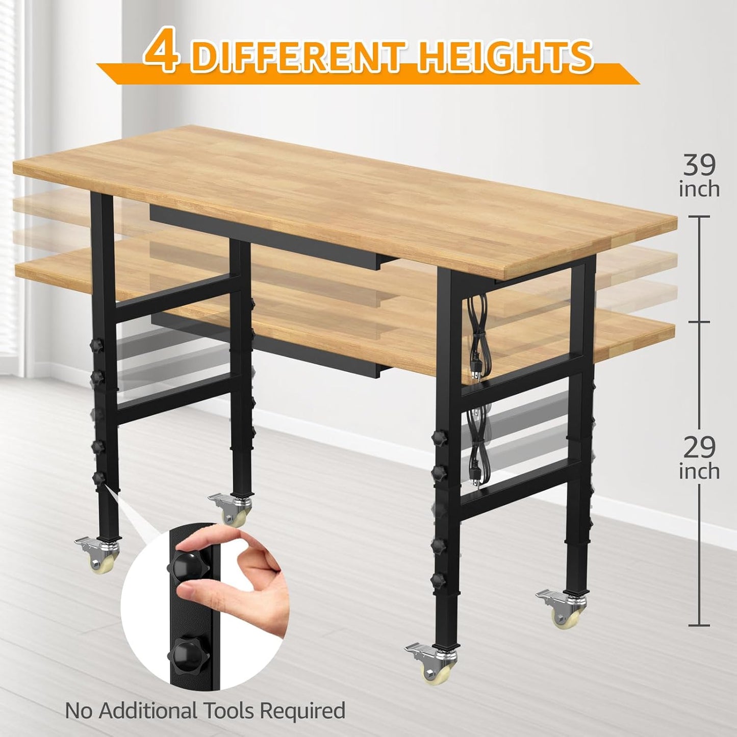 60" Adjustable Workbench,Heavy-Duty Work Table,3000 LBS Load Capacity Hardwood Workstation Outlets with Power Strips, Drawers and Wheels,for Workshop, Garage