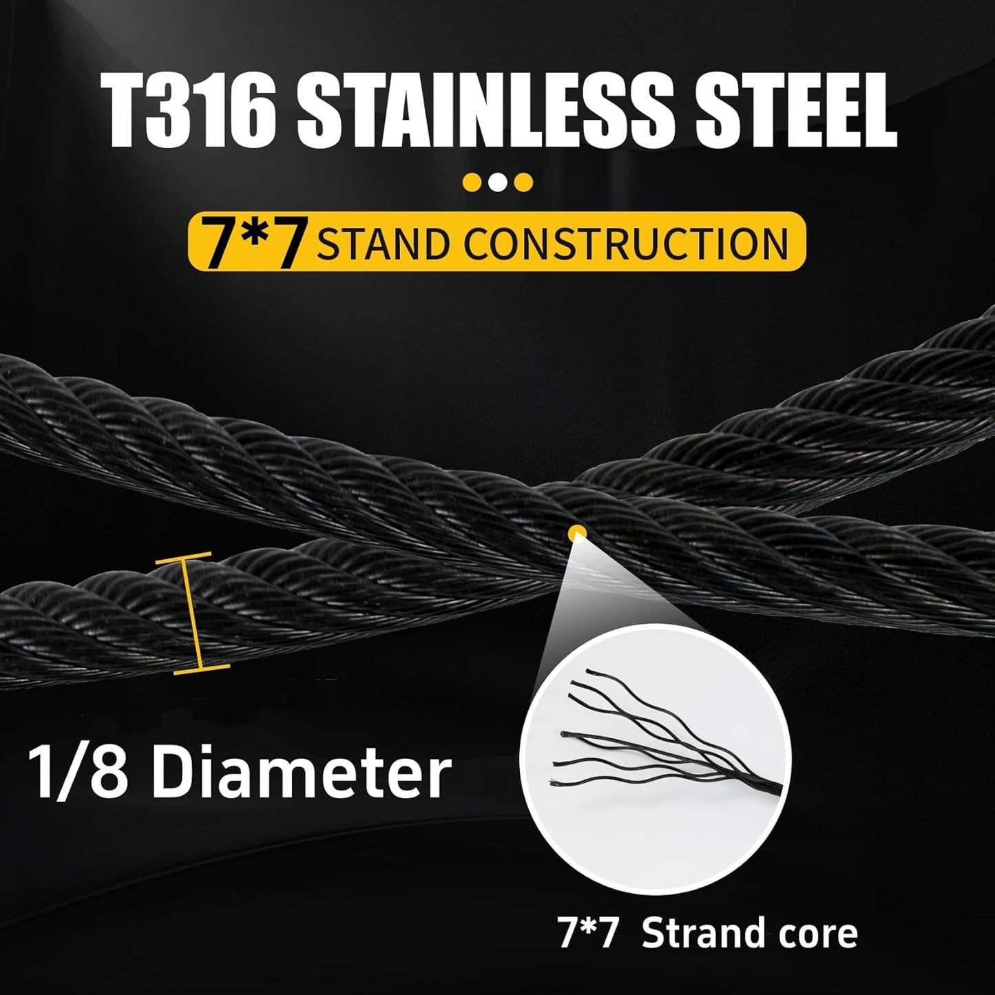 250FT 1/8" Stainless Steel Cable Black 7x7 Strands Aircraft Cable T316 Wire Rope with Cable Cutter 1800lbs Breaking Strength Wire Cable for Deck Cable Railing, Stair, Fence, DIY Balustrades