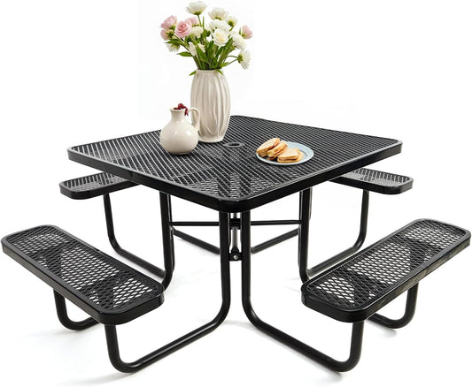 Heavy-Duty Park Bench or Table for Outside - Black Coated Outdoor Furniture Steel Bench, Commercial-Grade Outdoor Benches Weatherproof for Park, Patio, Porch (Black, 46” (Sq. Table))